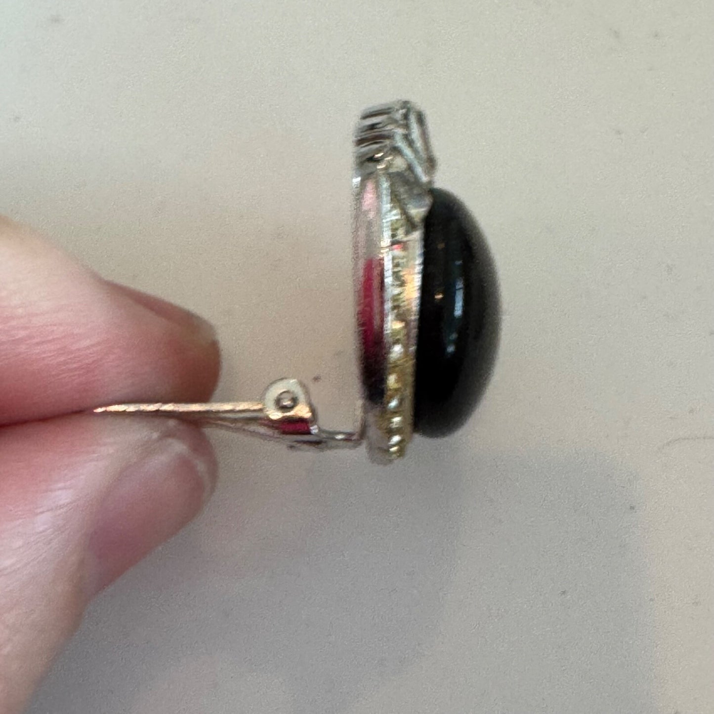 Vintage Bergere Silver Tone Clip On Earrings Black Cabochon AS IS