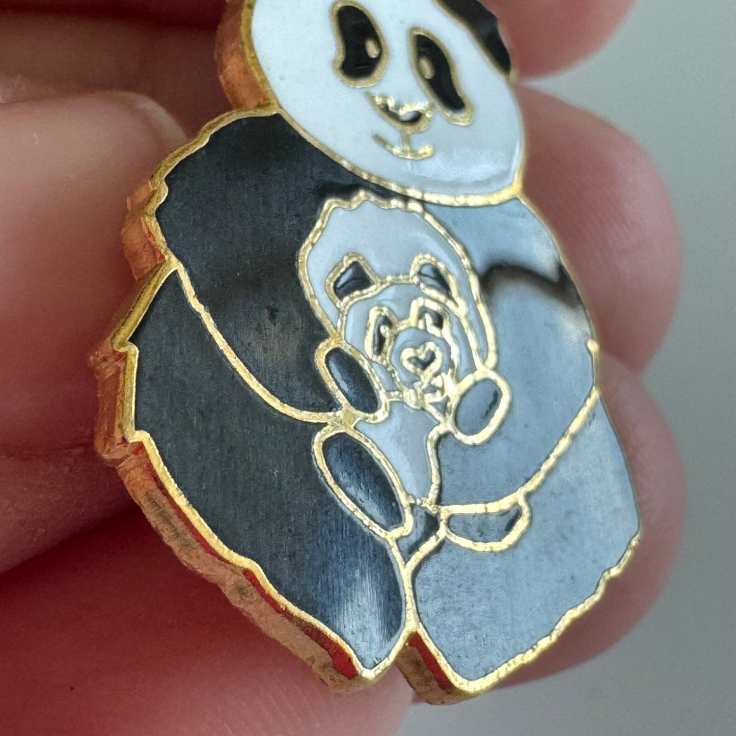 Vintage Panda Bear and Baby Enamel Lapel Pin Brooch