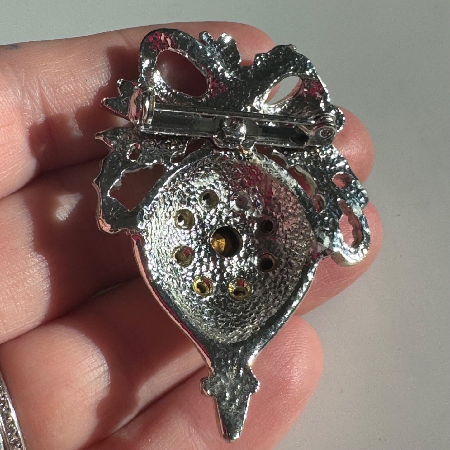 Vintage Christmas Ornament Brooch Silver Tone with Blue and Pink Rhinestones Pin
