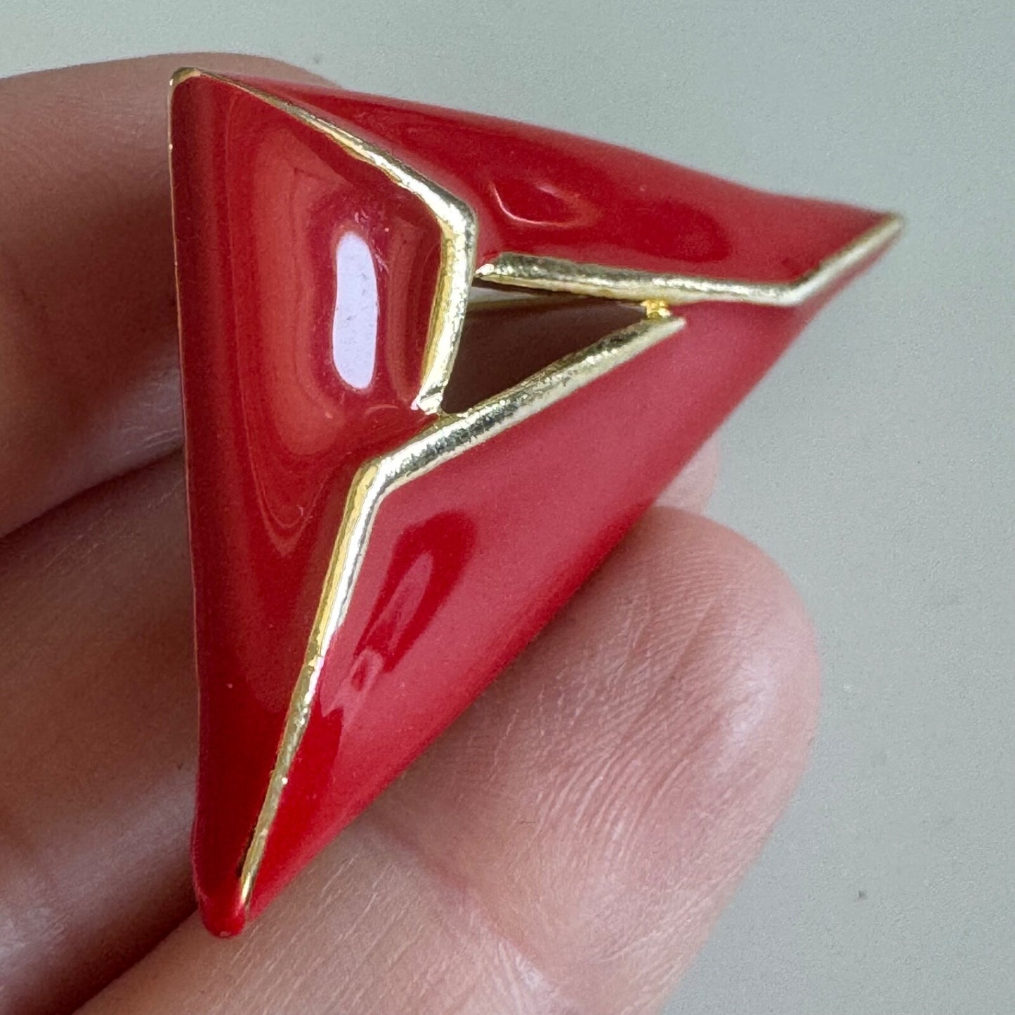 Vintage Gold Tone Red Enamel Triangle Brooch Pin 1980s 1990s