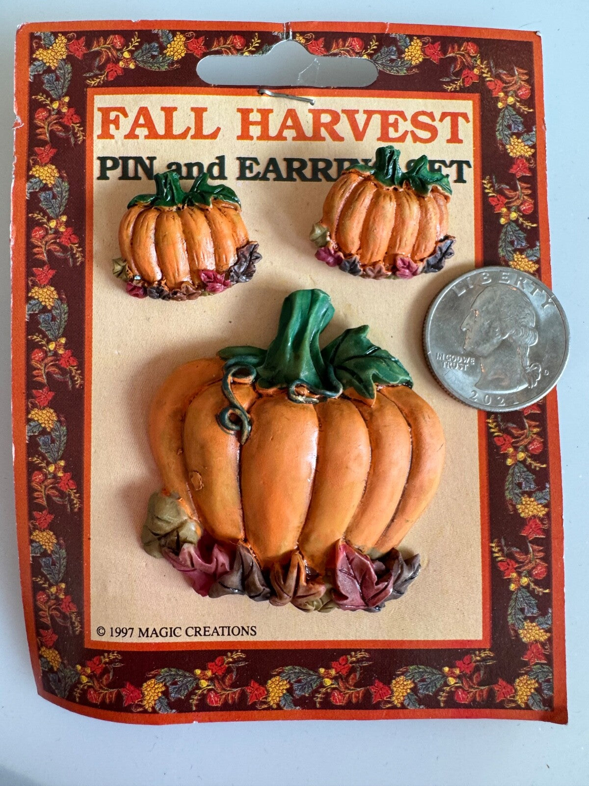 Vintage Fall Harvest Pin and Earrings Set Pumpkin Leaves Magic Creations Brooch