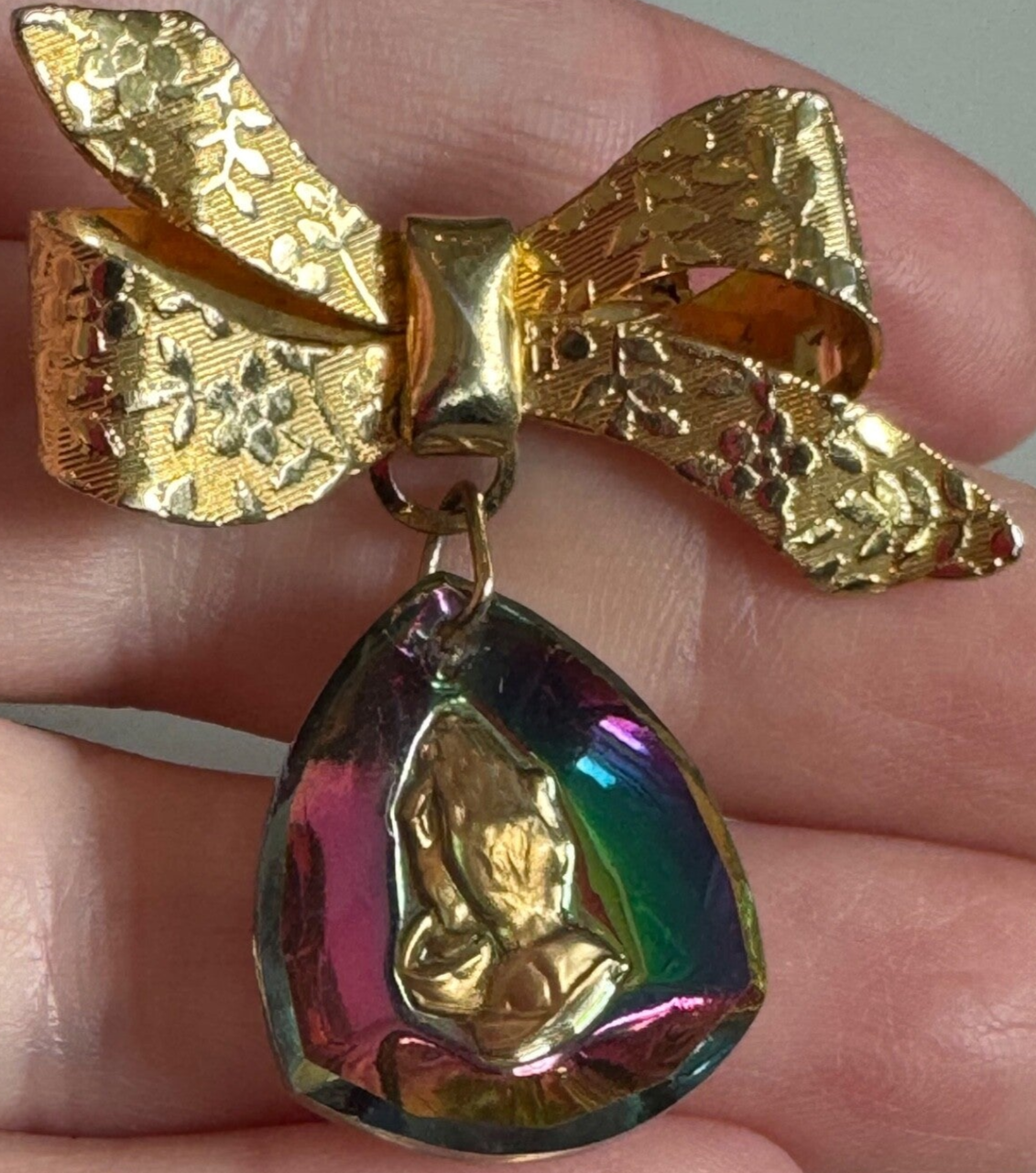Vintage Bow Brooch Dangle Reverse Carved Praying Hands Rainbow Glass Pin