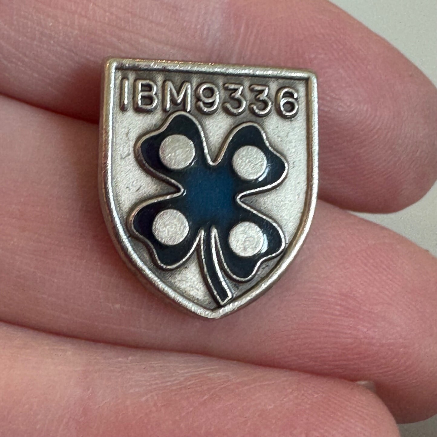 Vintage IBM 9336 Four Leaf Clover Shield Crest Lapel Pin