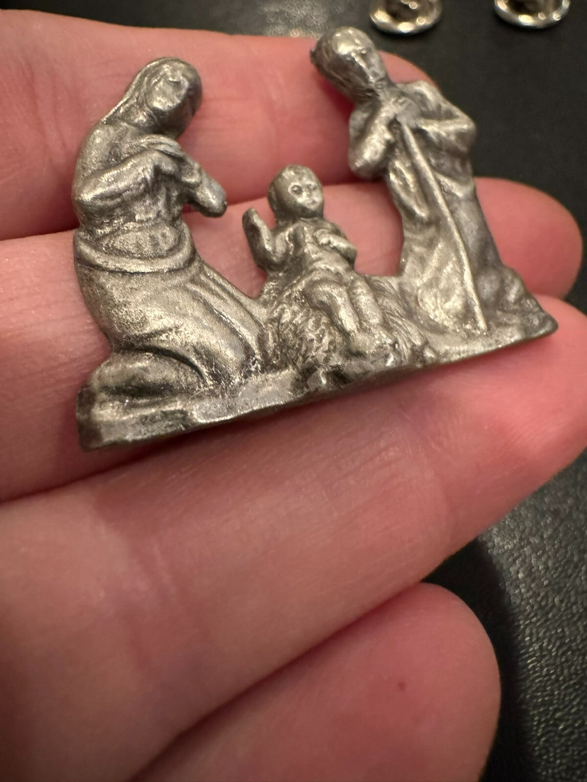 Stunning Vintage Jesus Mary Joseph Nativity Pewter Brooch Pin Christmas