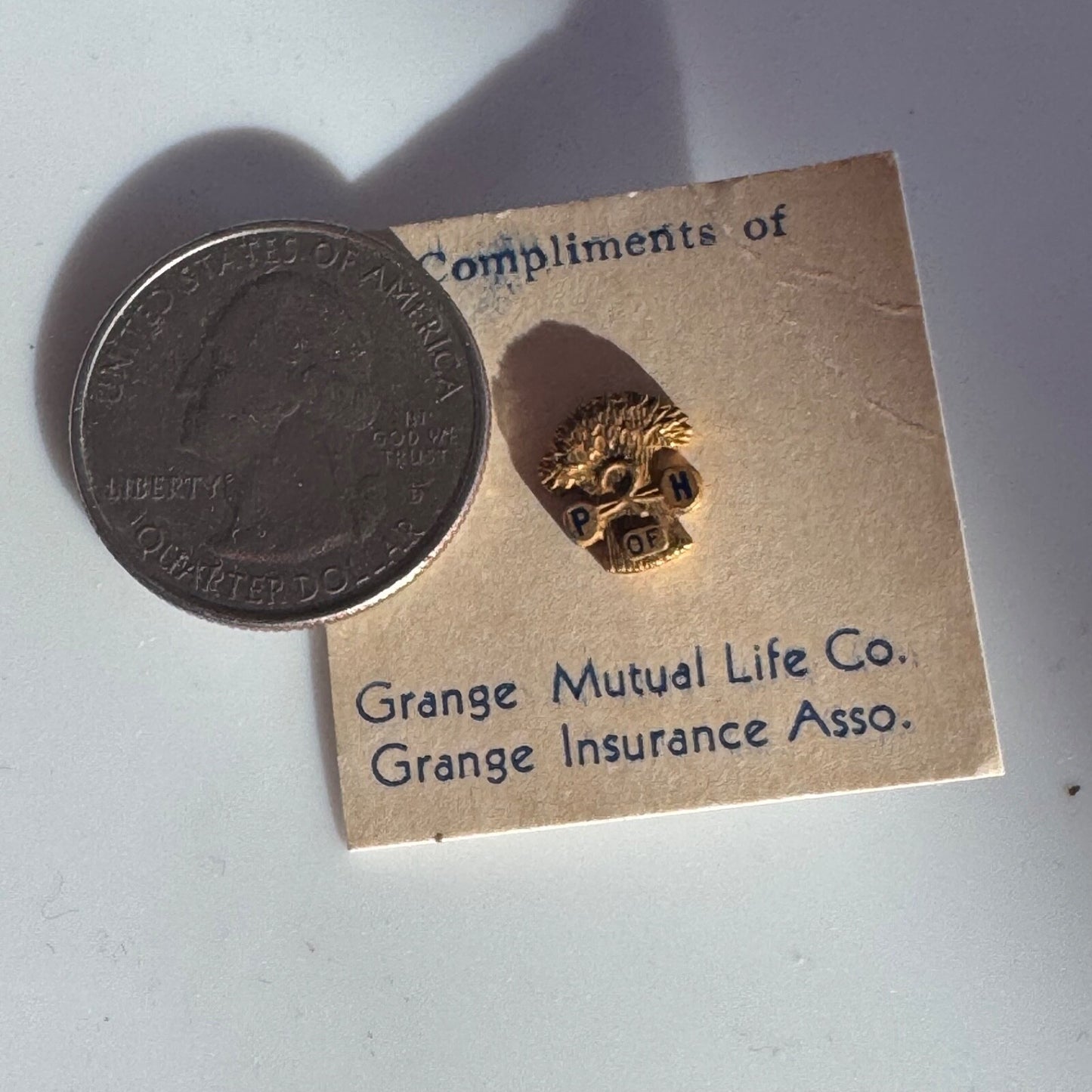 Vintage Grange Pin on Original Card Mutual Life Insurance Screw Back
