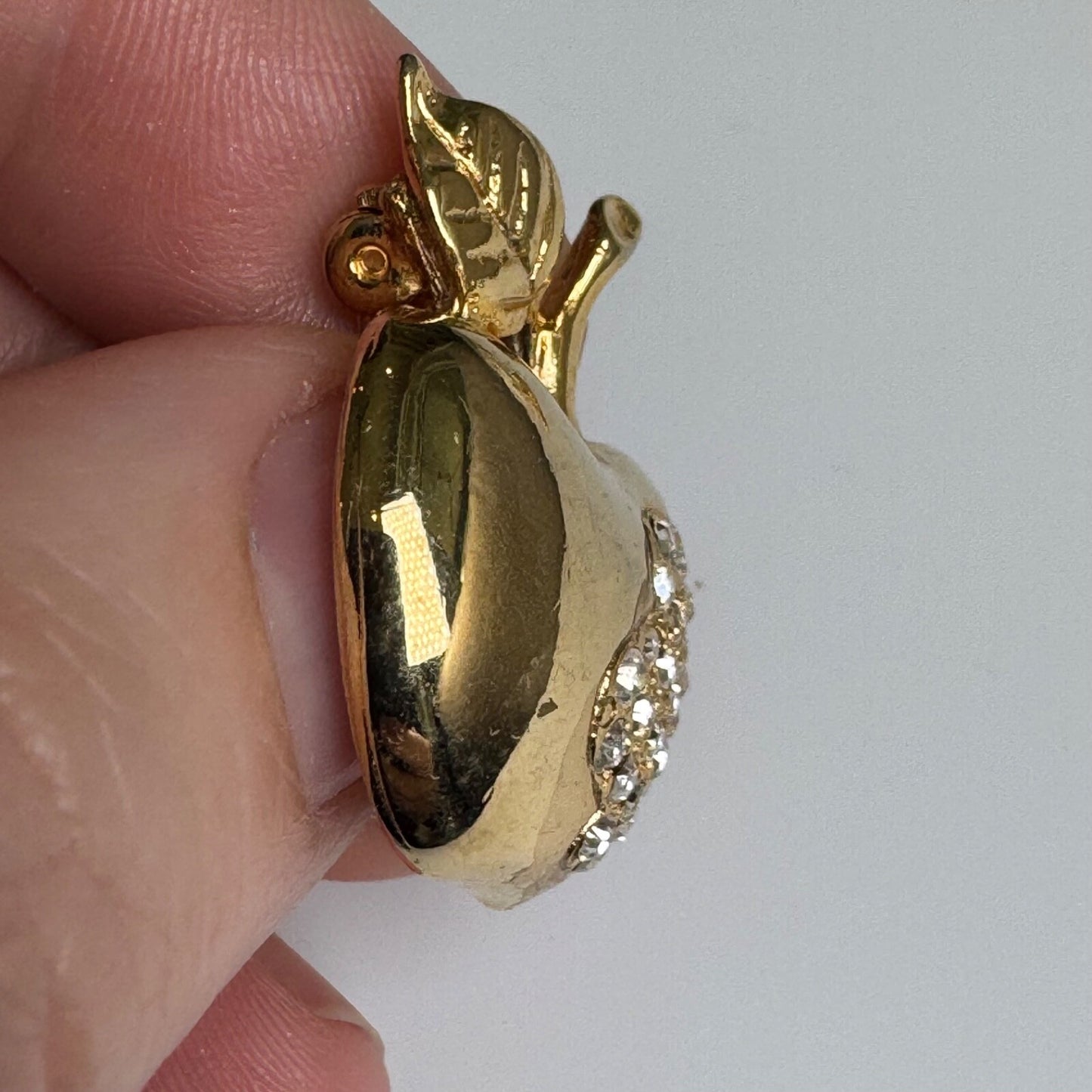 Vintage Gold Tone Rhinestone Apple Brooch Pin