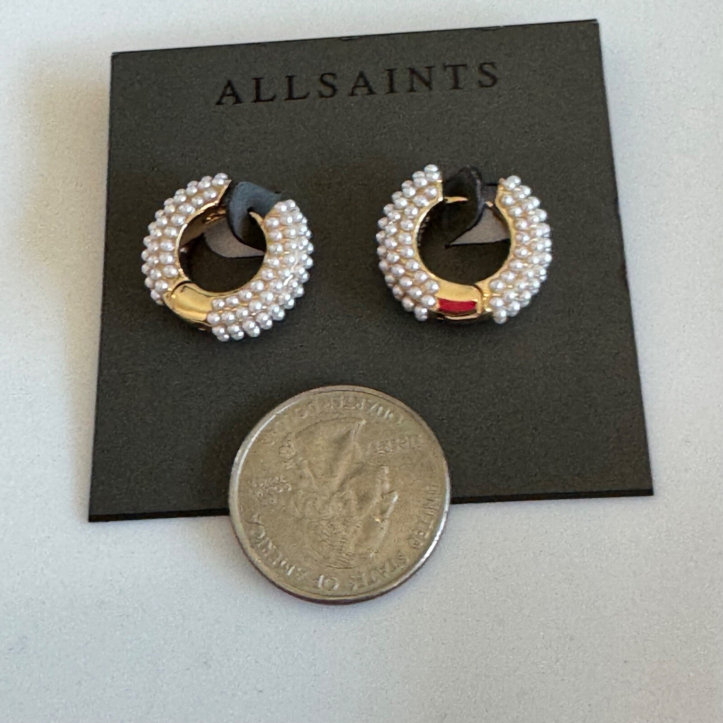 Allsaints Pearl Hoop Earrings New on Card Gold Tone Huggie All Saints