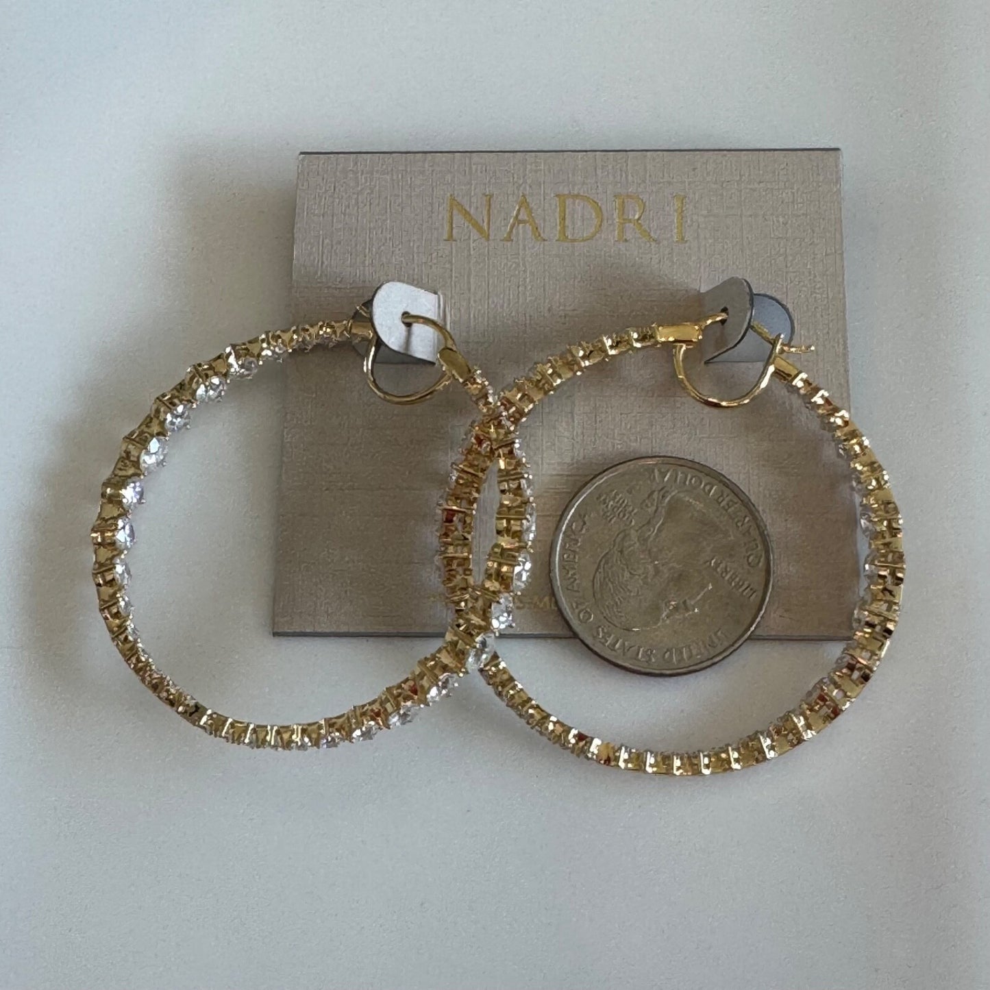 Nadri Gold Hoop Earrings With Crystal New On Card Pierced $100