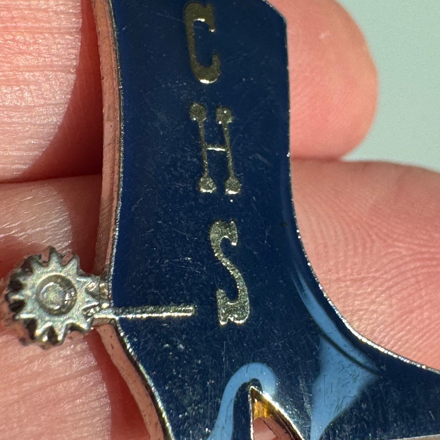 Vintage CHS High School Cowboy Boot with Spurs Lapel Pin Blue Silver