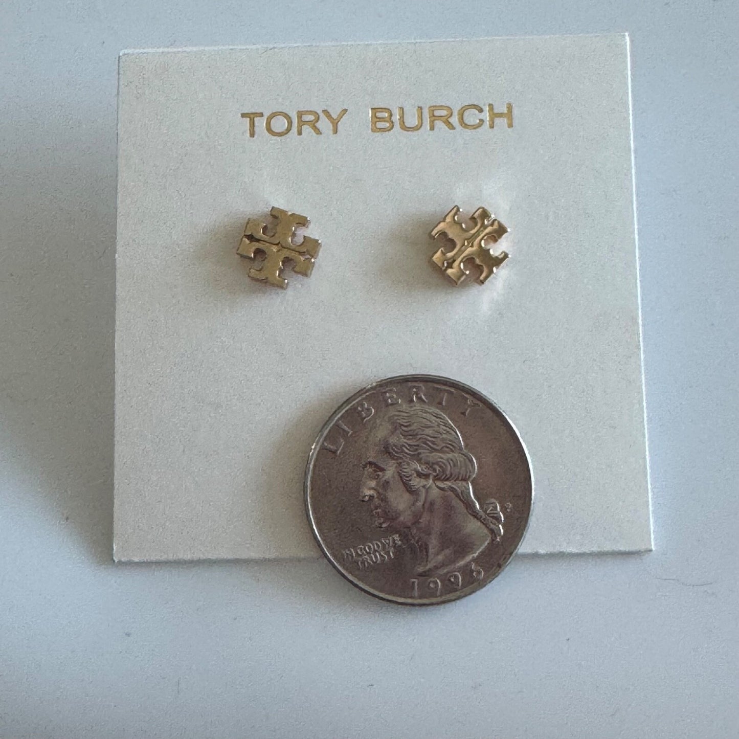Tory Burch Kira T-Logo Gold Stud Earrings New on Card 8mm