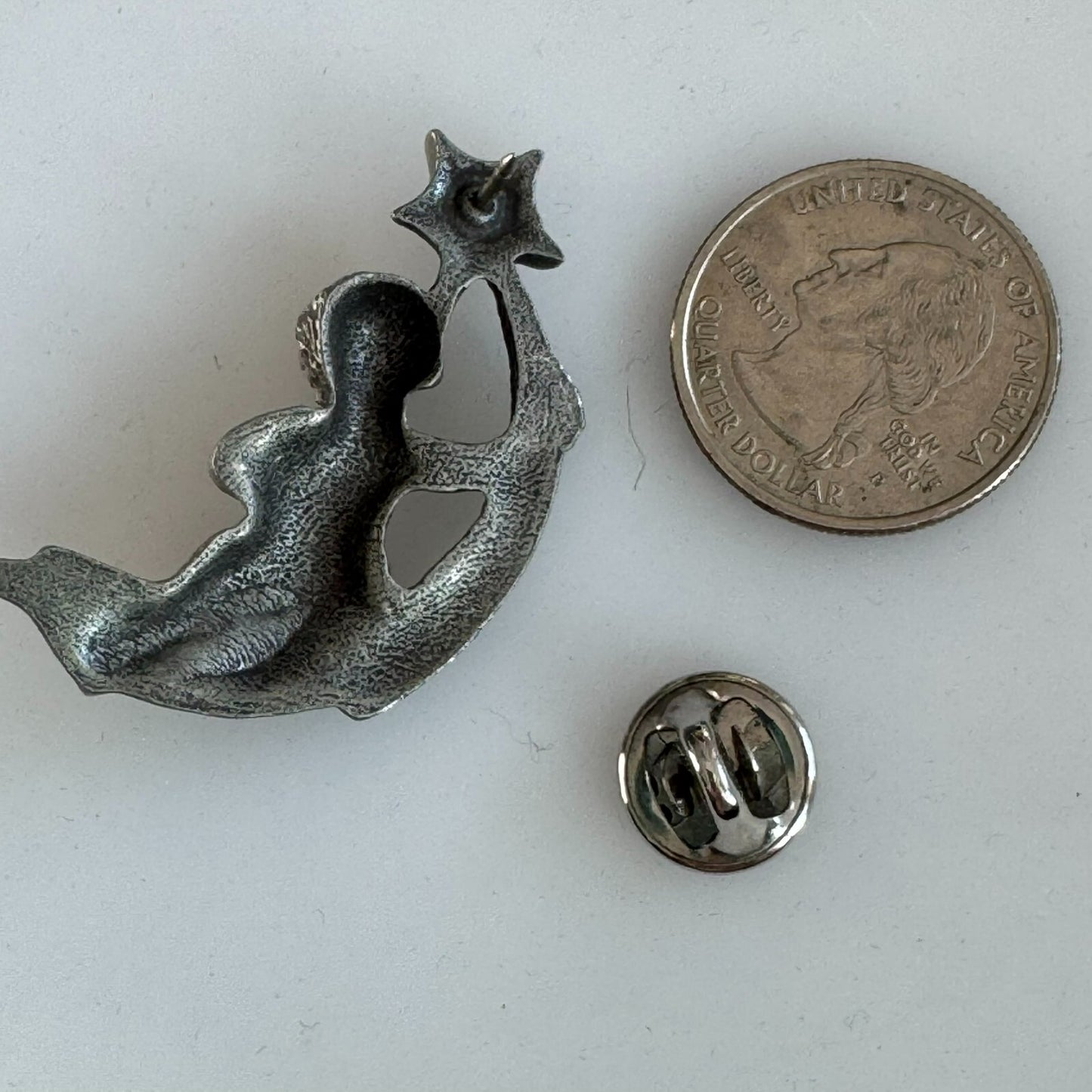 Vintage Pewter Cherub on a Crescent Moon Lapel Pin Brooch with Star Angel