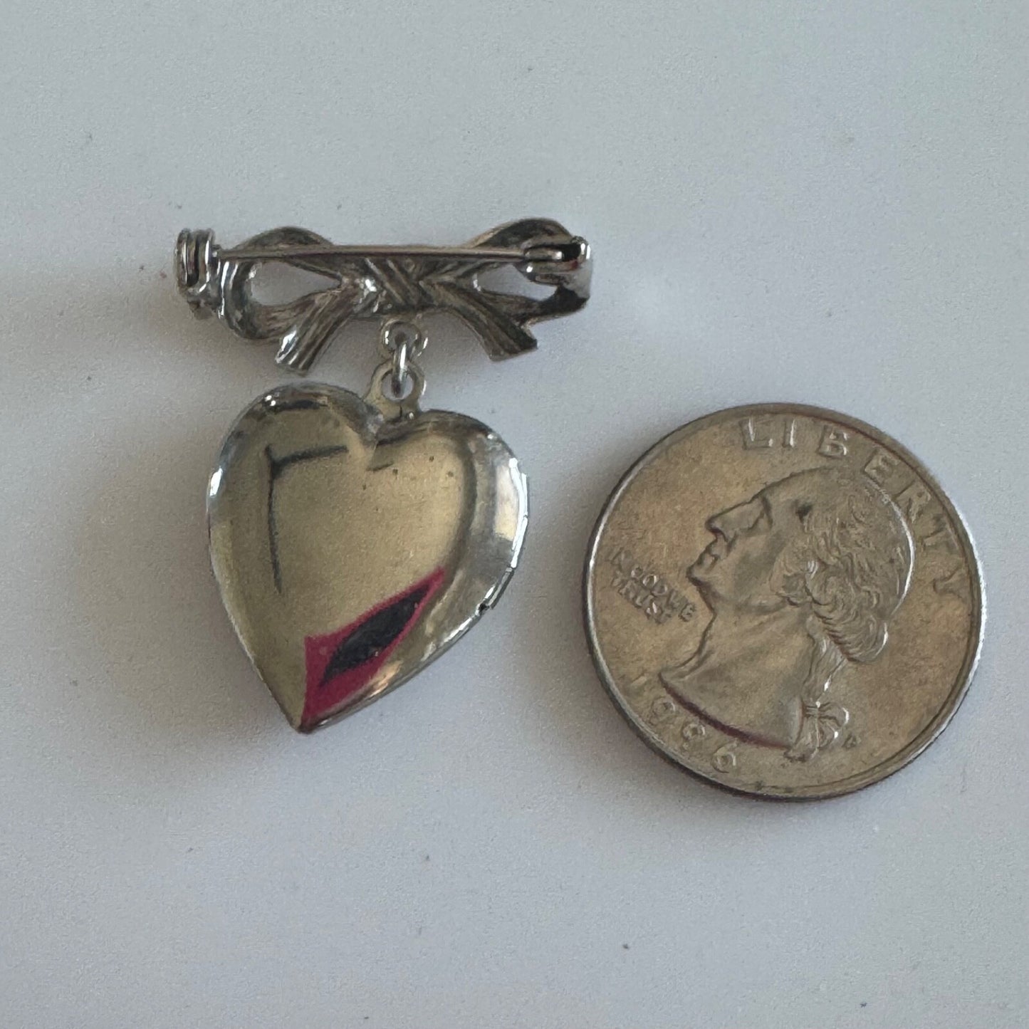 Vintage Silver Tone Heart Shaped Locket Dangle Bow Brooch Pin