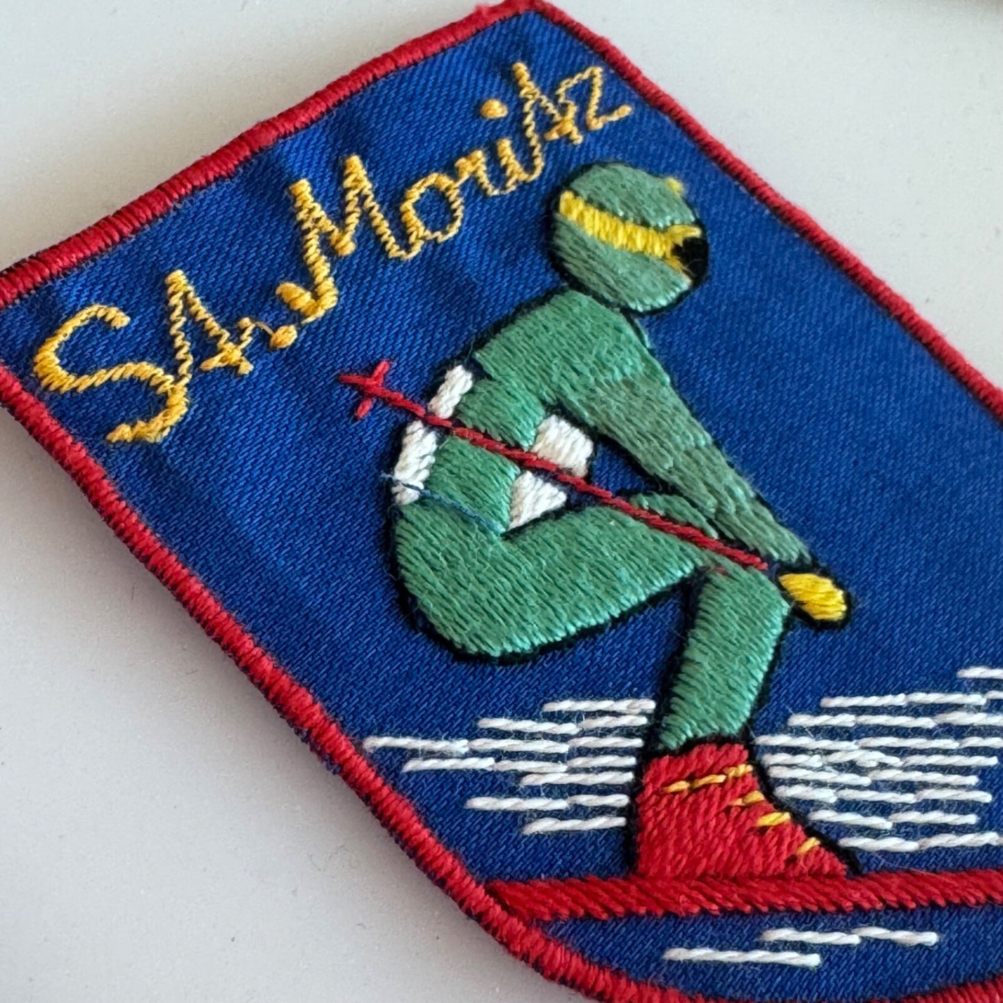 Vintage St. Moritz Ski Patch Embroidered Skiing Downhill Skiier Switzerland