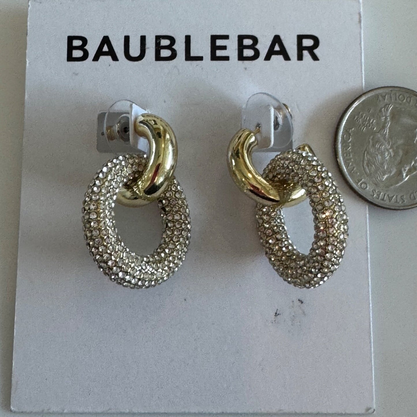 Bauble Bar Heather Hoop Gold Tone Earrings With Crystal Circle New On Card