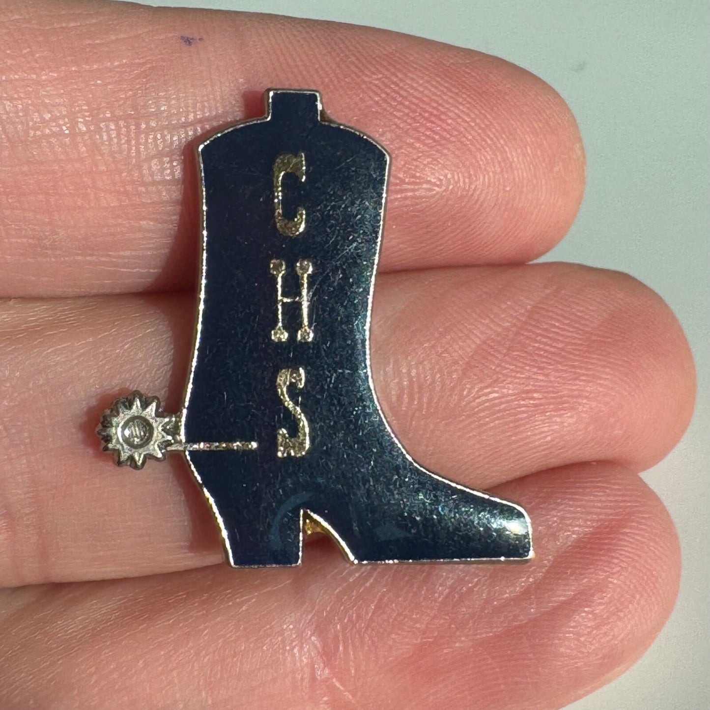 Vintage CHS High School Cowboy Boot with Spurs Lapel Pin Blue Silver
