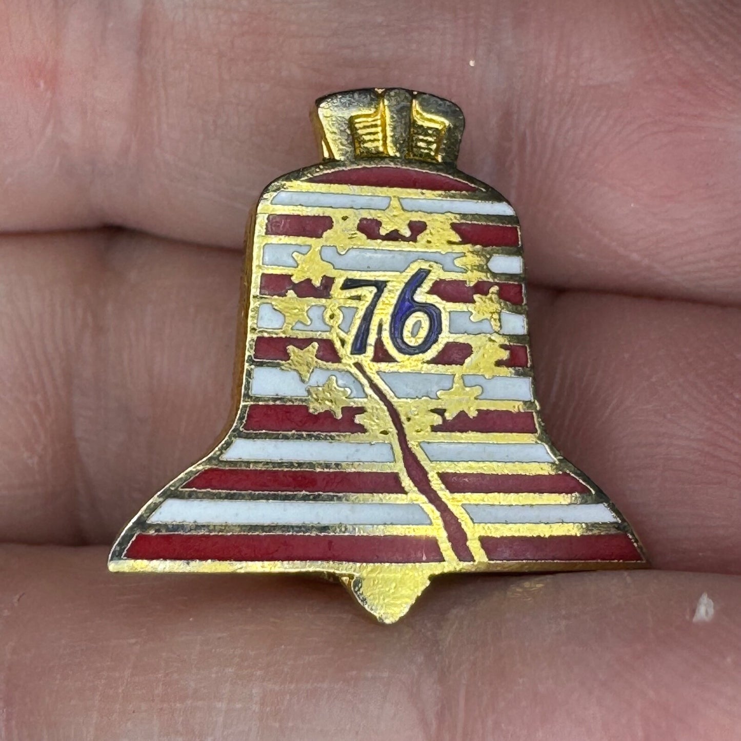 Vintage Bicentennial Red White Striped Liberty Bell Enamel Lapel Pin