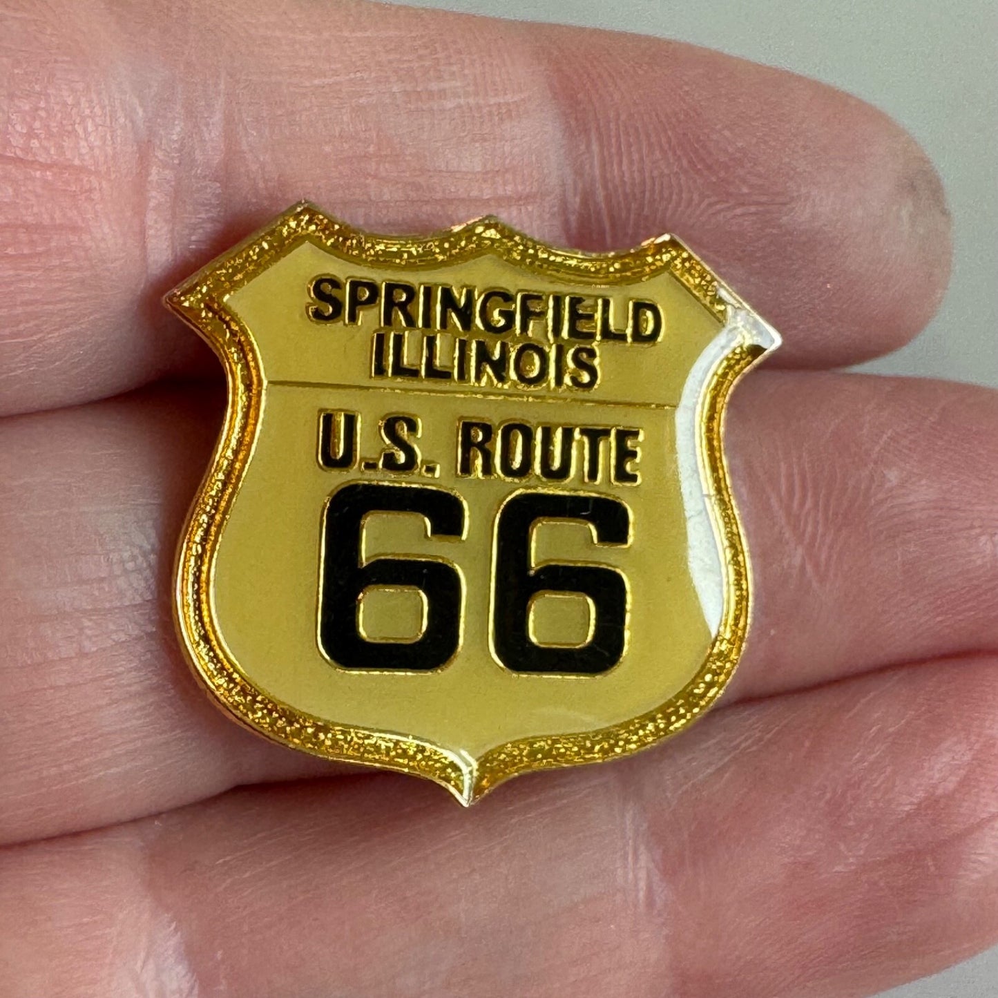 Springfield Illinois Route 66 Gold Shield Enamel Pin – Collector’s Item