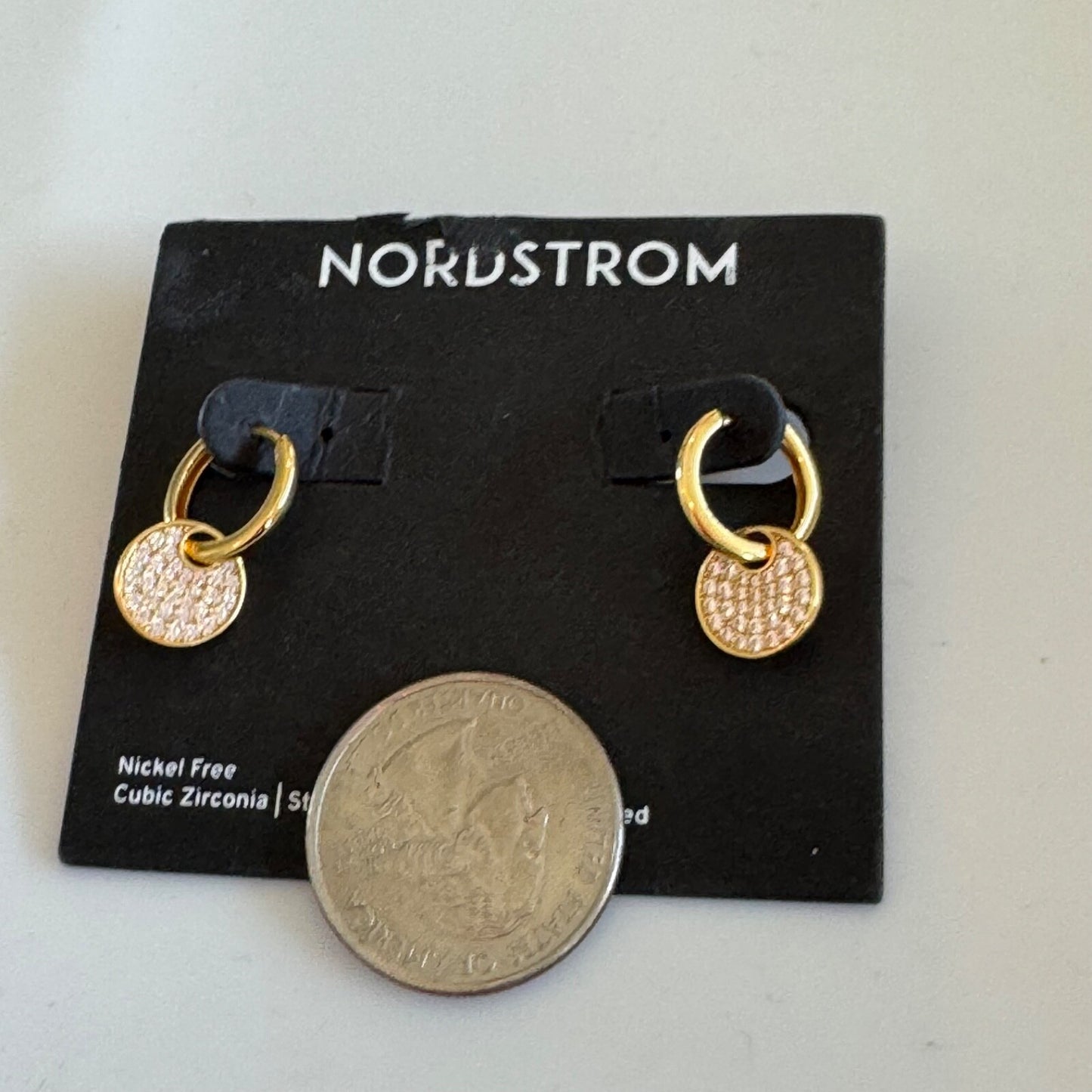 Nordstrom Gold Pavé Disc Drop Huggie Hoop Earrings New On Card Pierced
