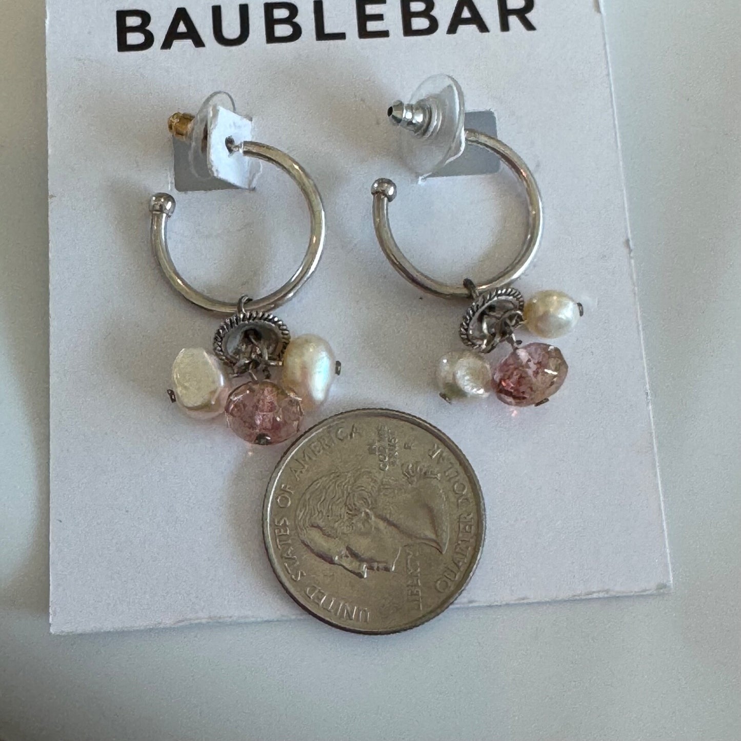 Bauble Bar Silver Hoop Earrings With Pearl Dangle Charms New On Card Pierced