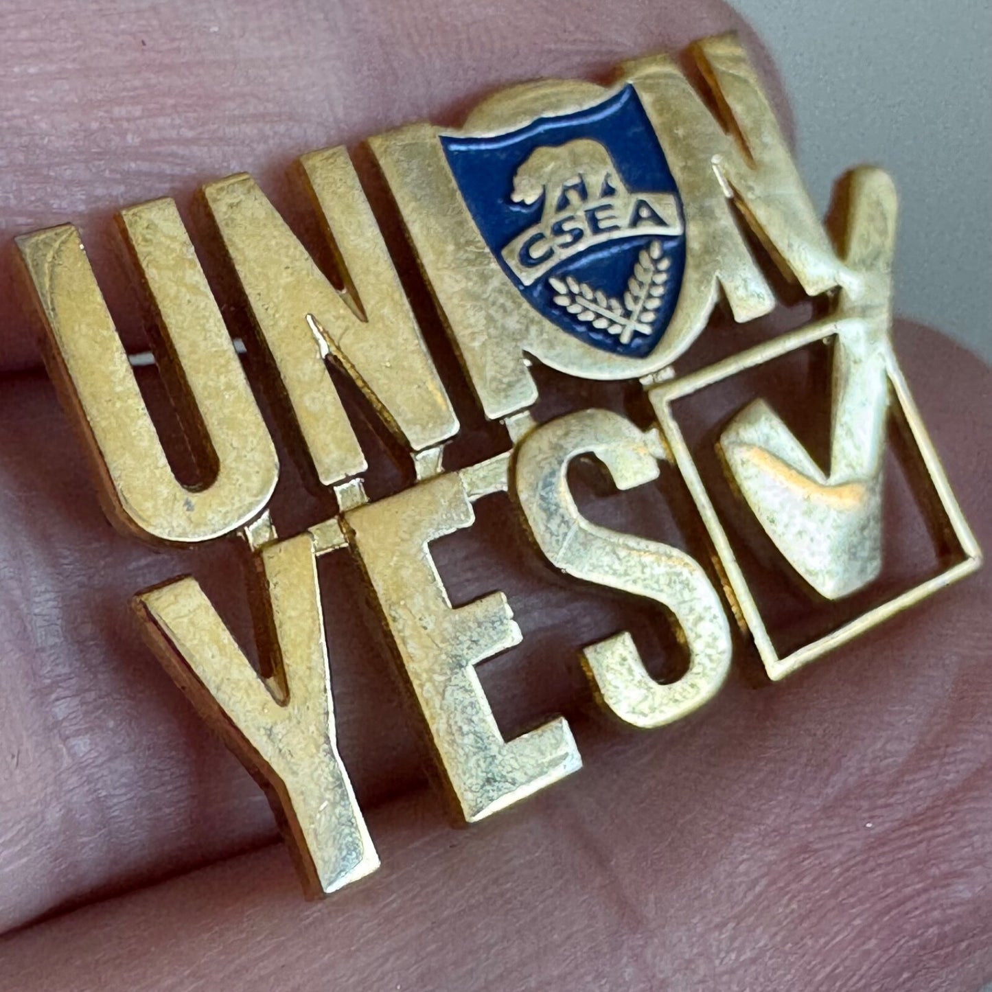 Vintage California School Employees Assn CSEA Union Yes Checkmark Gold Pin