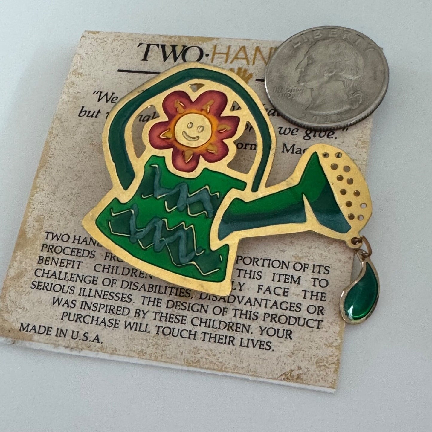 Vintage Two Hands Watering Can Brooch Gold Tone Enamel Pin