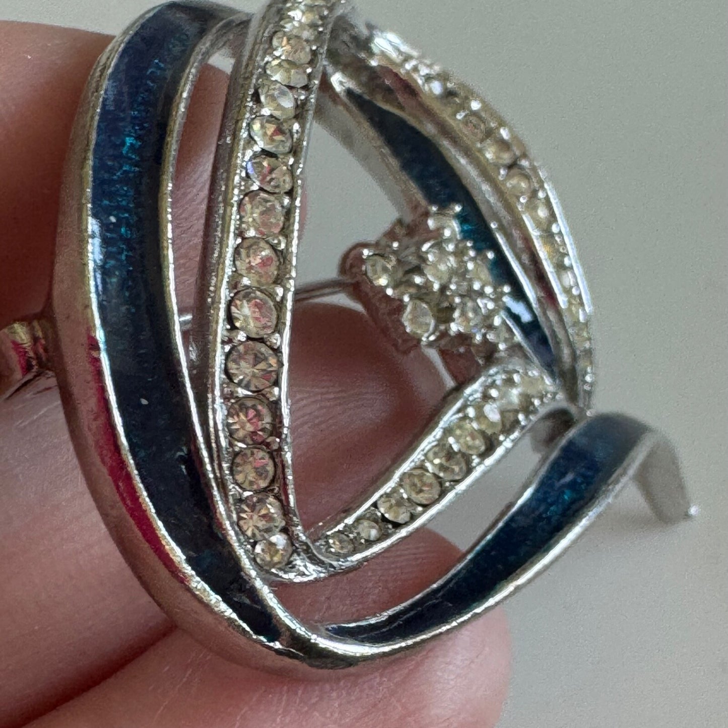Fabulous Silver Toned Blue Enamel Crystal Statement Swirl Brooch Pin