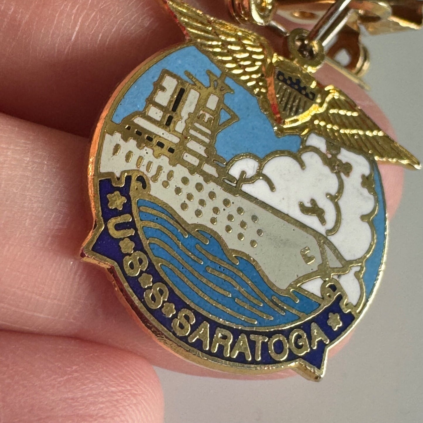 Vintage USS Saratoga Dangle Bow Enamel Navy Sweetheart Pin Brooch