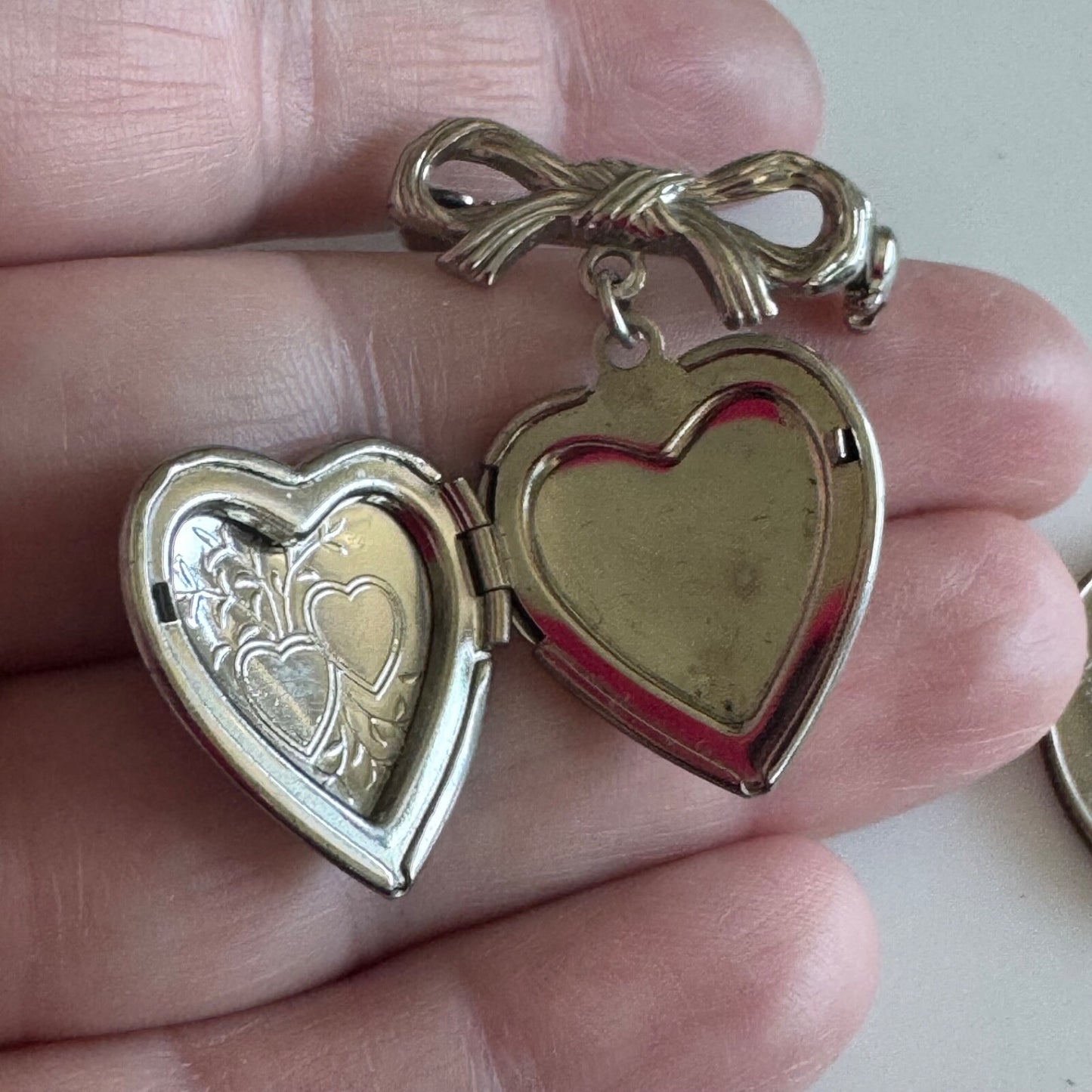 Vintage Silver Tone Heart Shaped Locket Dangle Bow Brooch Pin