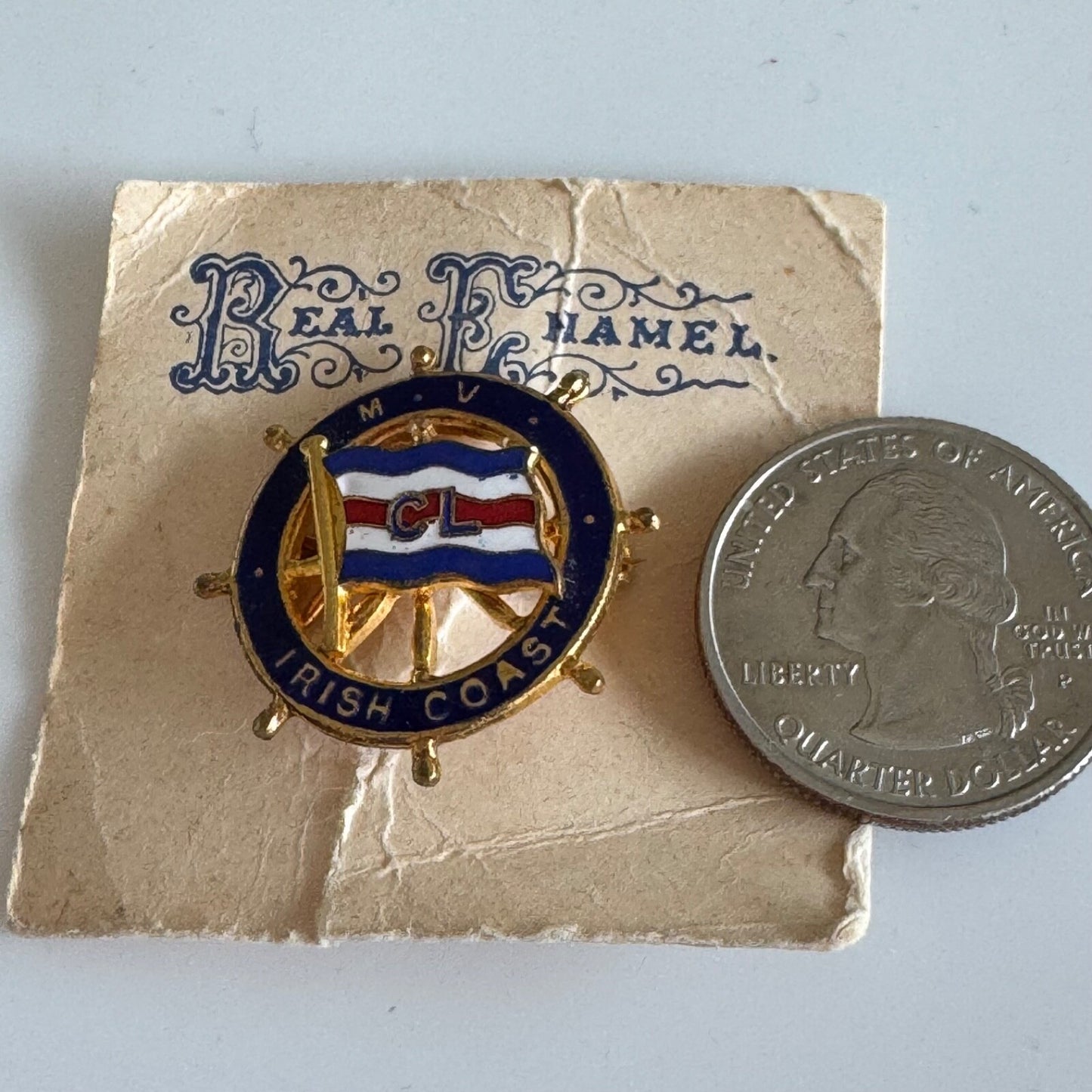 Vintage M.V. Irish Coast CL Ship Lapel Pin On Original Card Coast Line