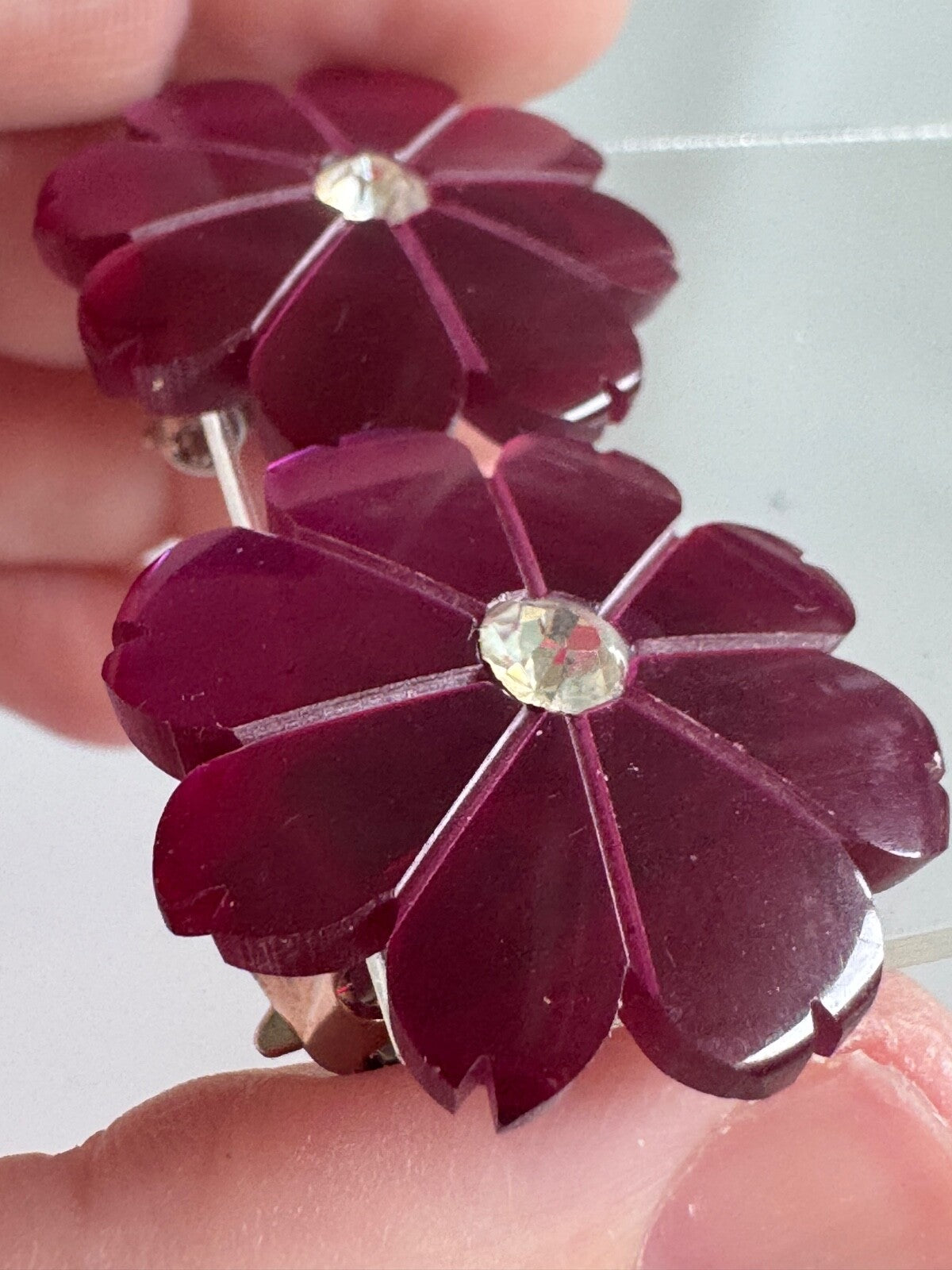 Retro Purple Lucite Flower Clip-On Earrings – Metallic Petal Design Thermoset?