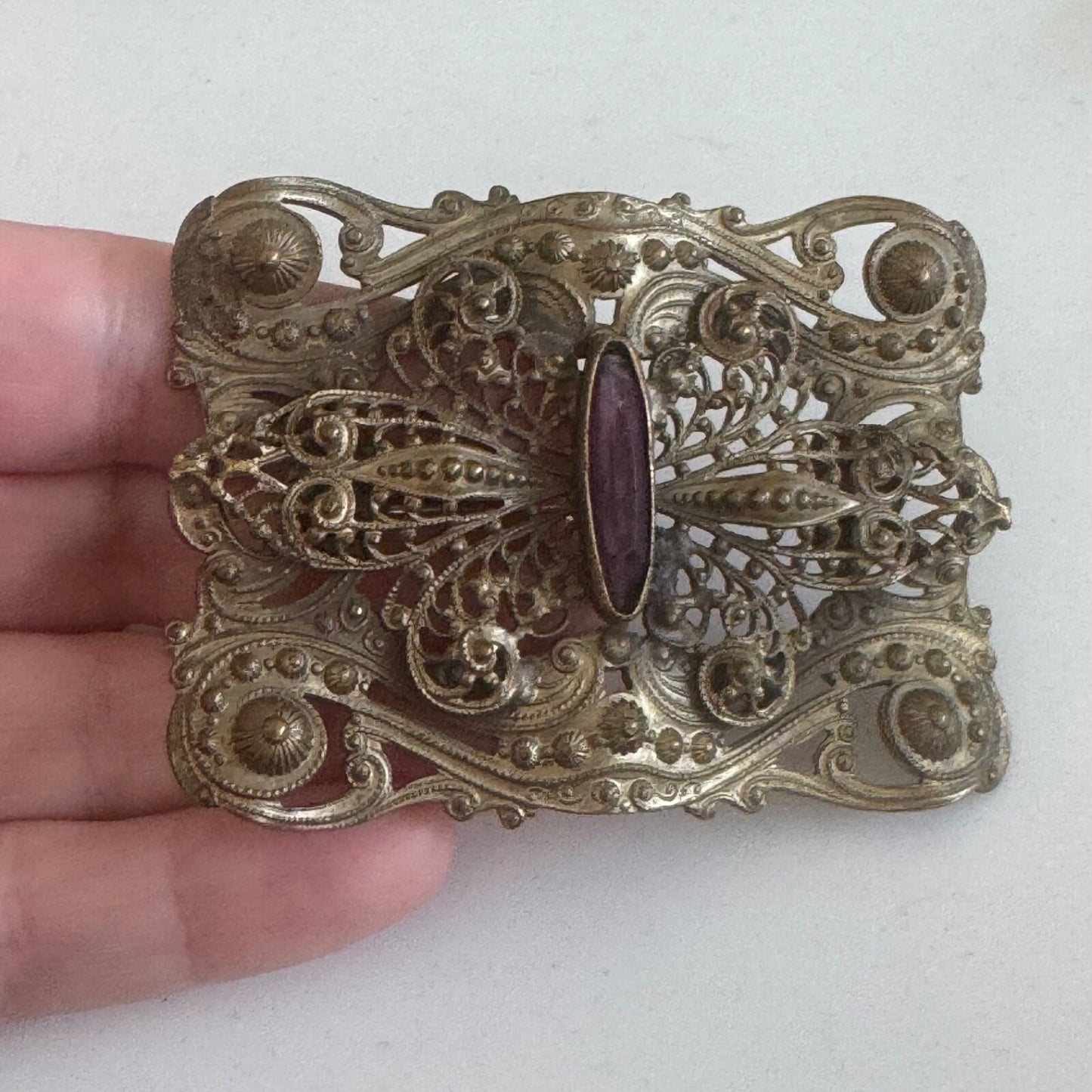 Antique Victorian Filigree Sash Brooch Pin Purple Stone Art Nouveau