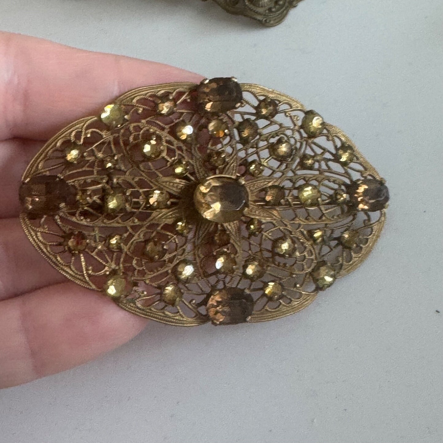 Vintage Filigree Crystal Art Nouveau Brooch with Safety Clasp C-Clasp