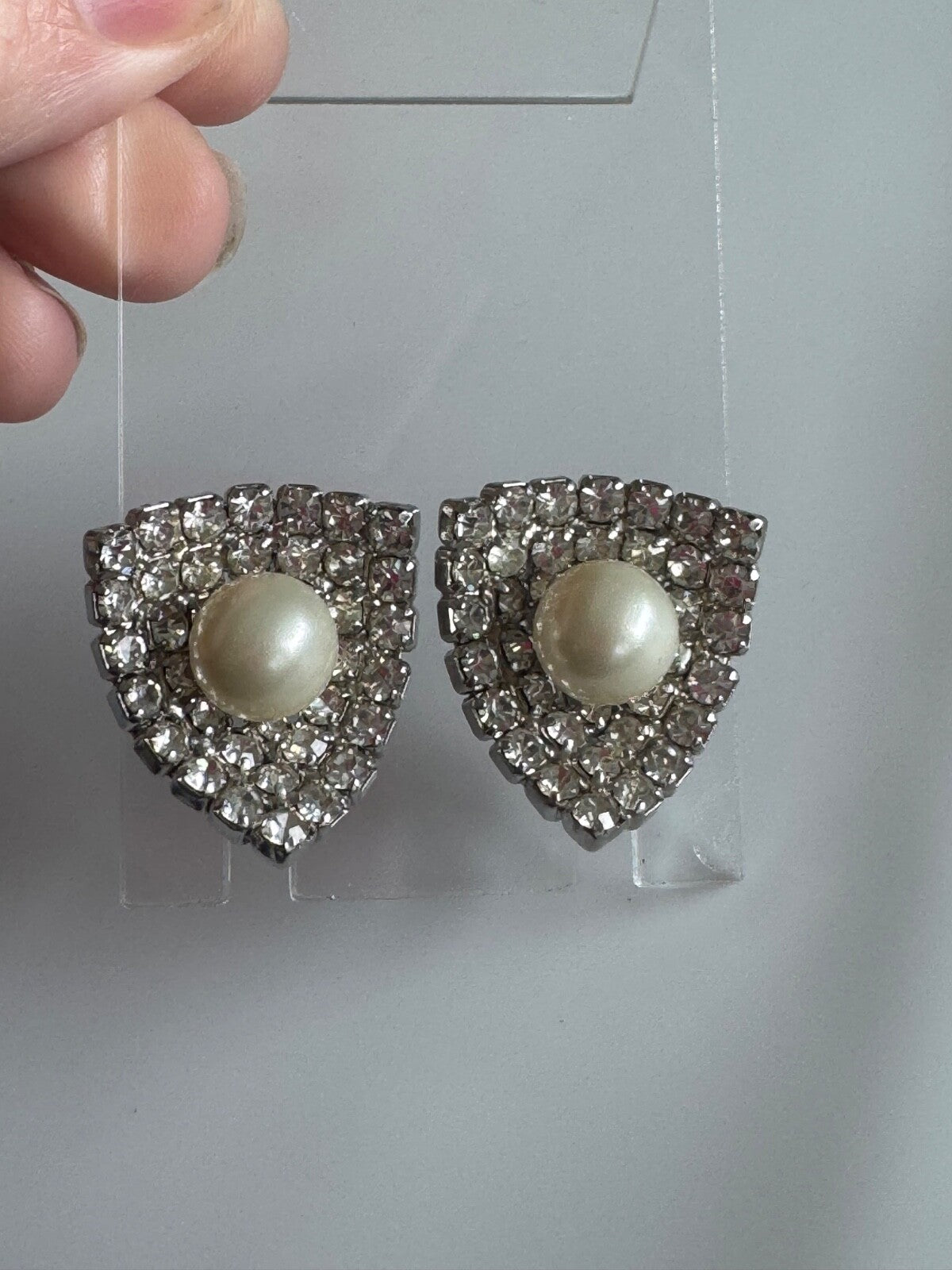 Vintage Kramer NY Rhinestone & Faux Pearl Clip-On Earrings – Shield Shape