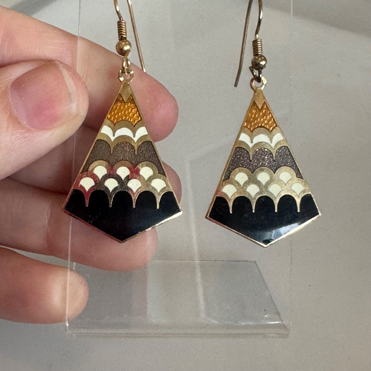 Vintage Cloisonne Fan Shaped Dangle Earrings