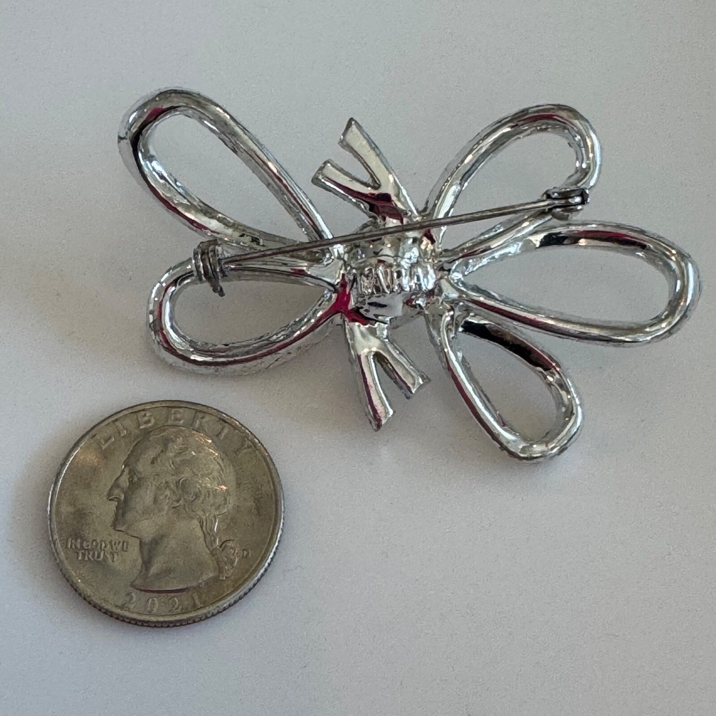 Vintage TARA Silver Tone Bow Brooch Rhinestone Crystal Pearl