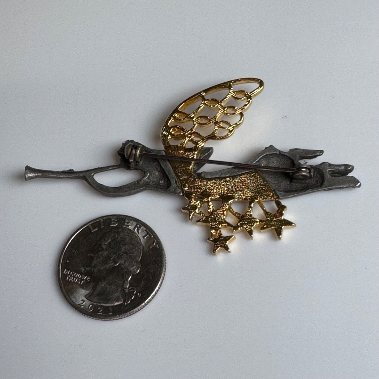Vintage Pewter Angel Brooch with Golden Wings and Stars Pin Trumpeting