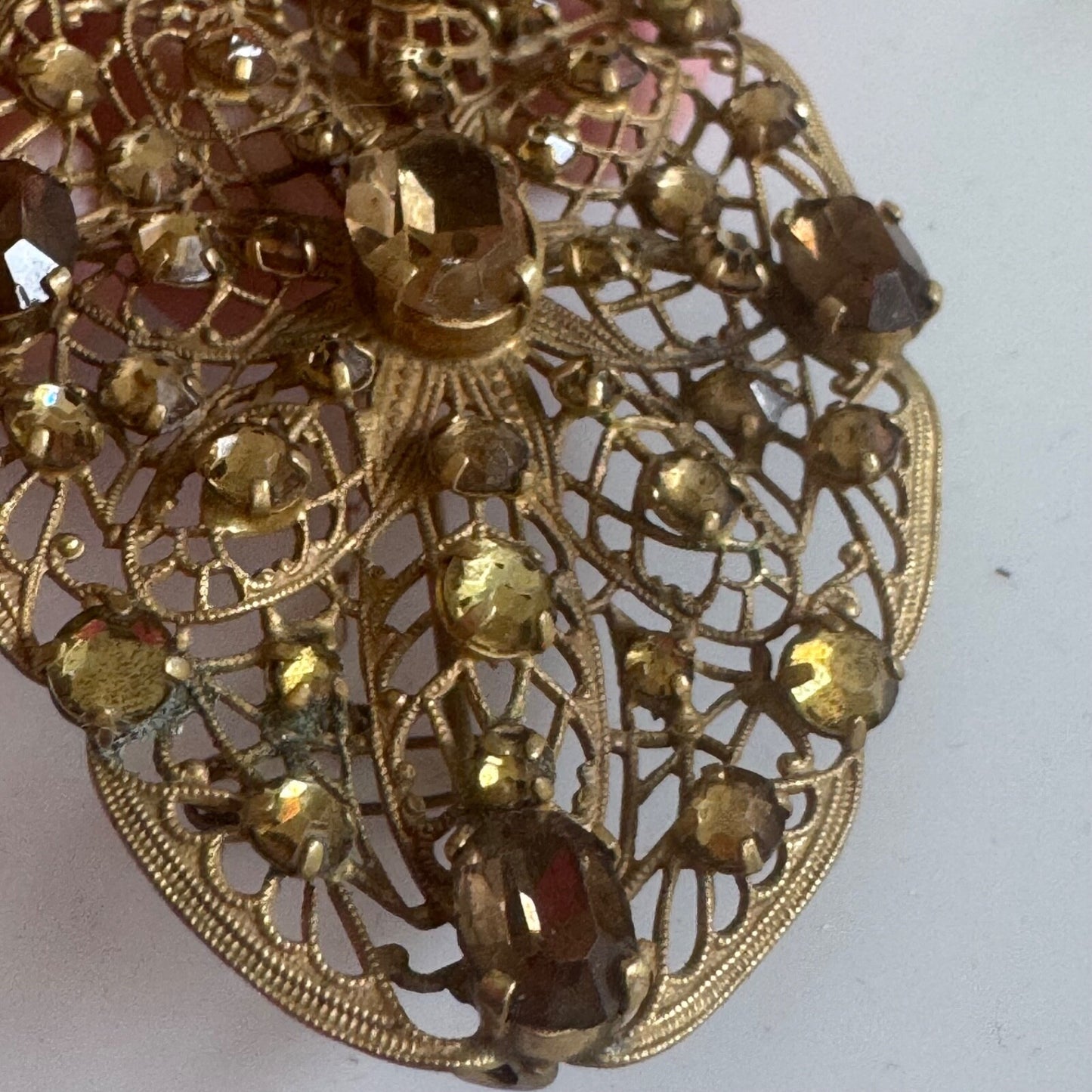 Vintage Filigree Crystal Art Nouveau Brooch with Safety Clasp C-Clasp