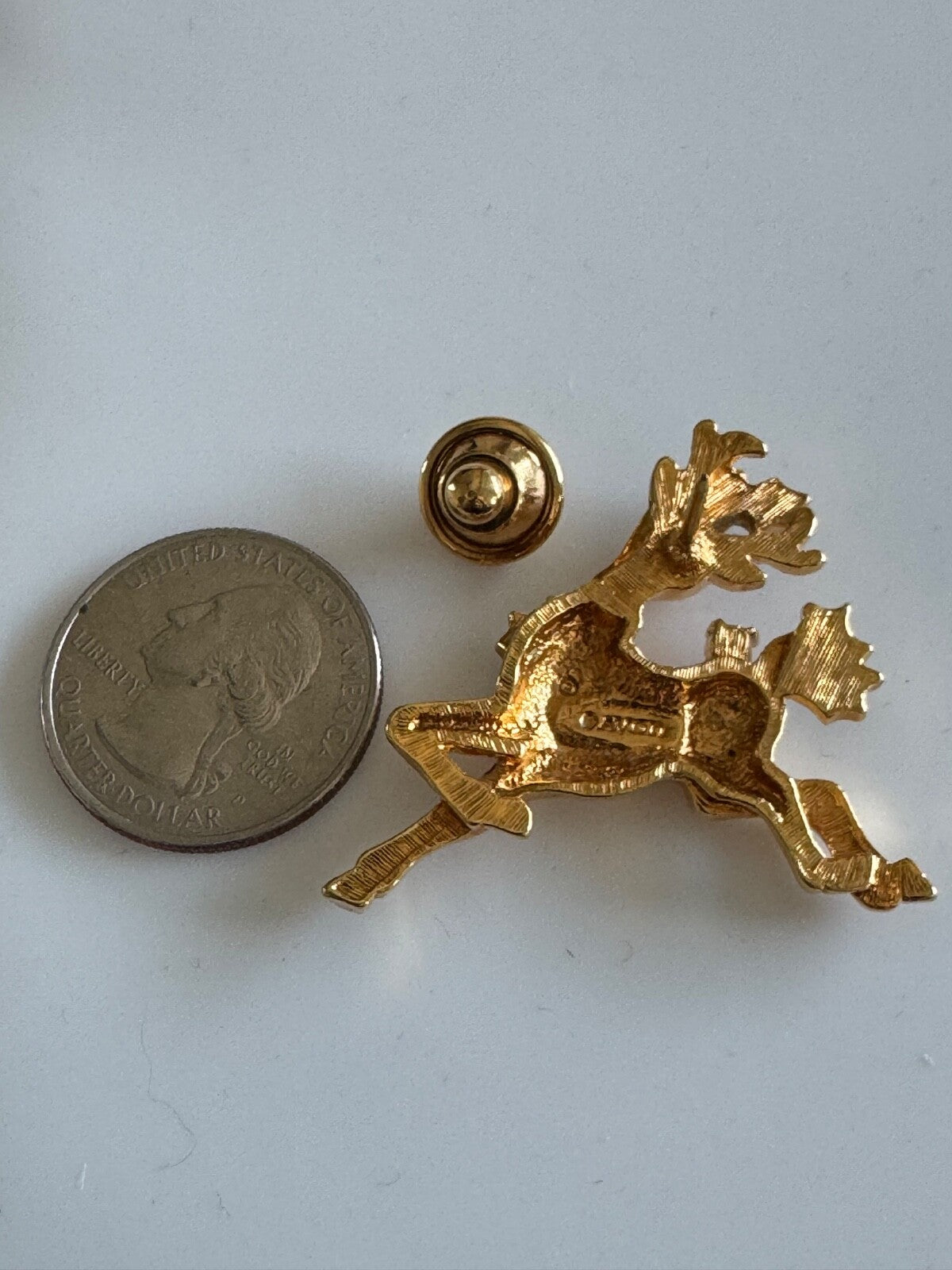 AVON Christmas Reindeer Tac Pin, Red Rhinestone, Gold tone, Vintage