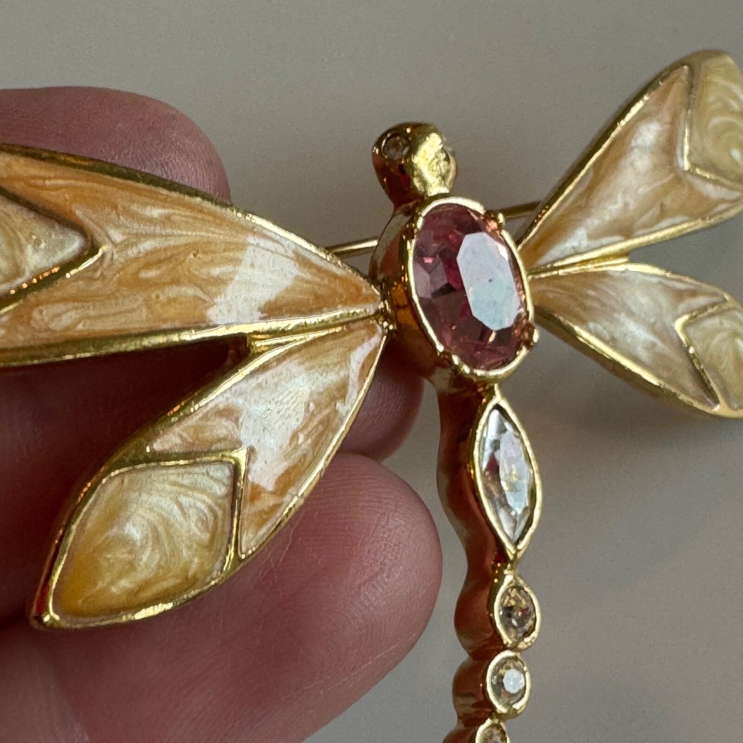 Vintage KJL for Avon Dragonfly Brooch Crystal Enamel Gold Tone Pin