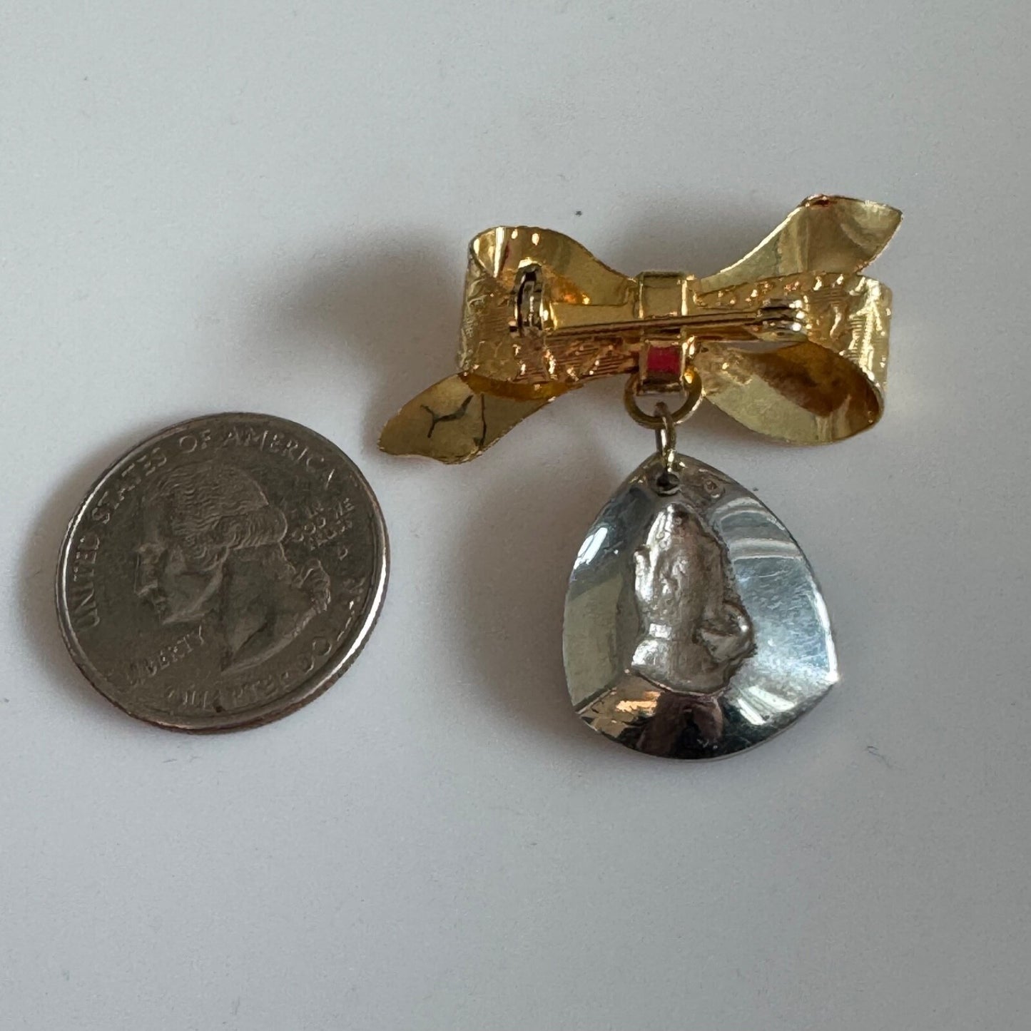 Vintage Bow Brooch Dangle Reverse Carved Praying Hands Rainbow Glass Pin