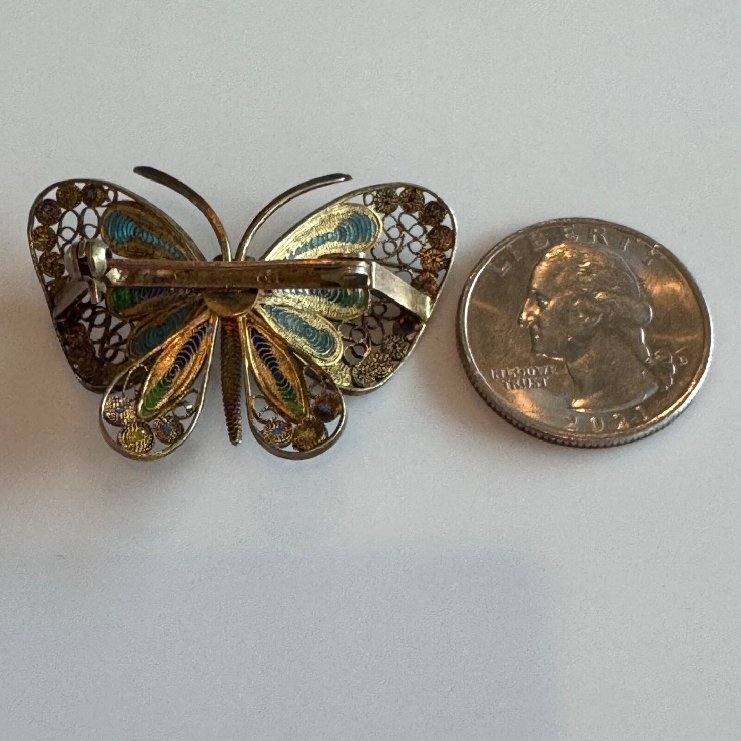 Vintage 800 Silver Plique a Jour Filigree Butterfly Brooch Pin Gold Plated