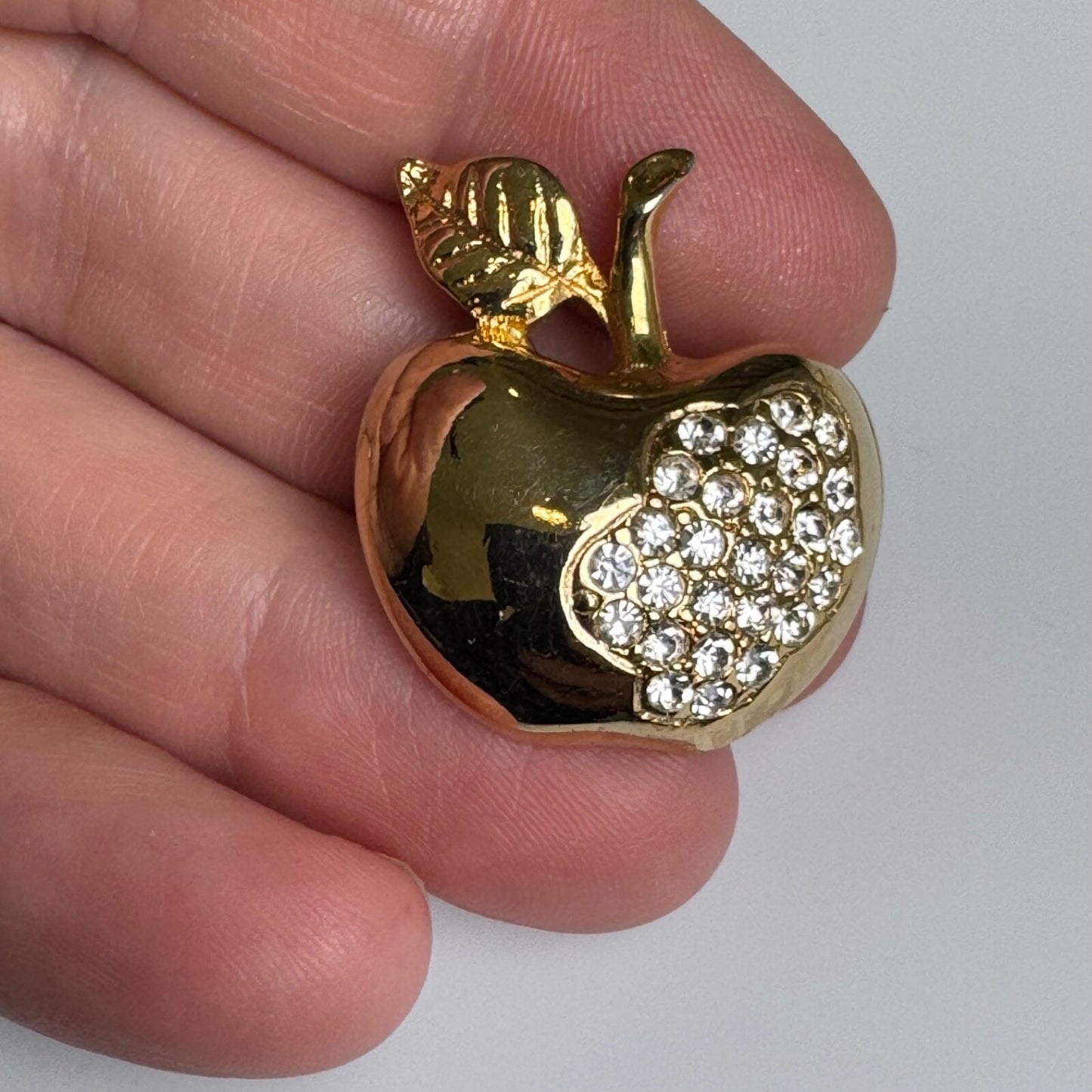 Vintage Gold Tone Rhinestone Apple Brooch Pin