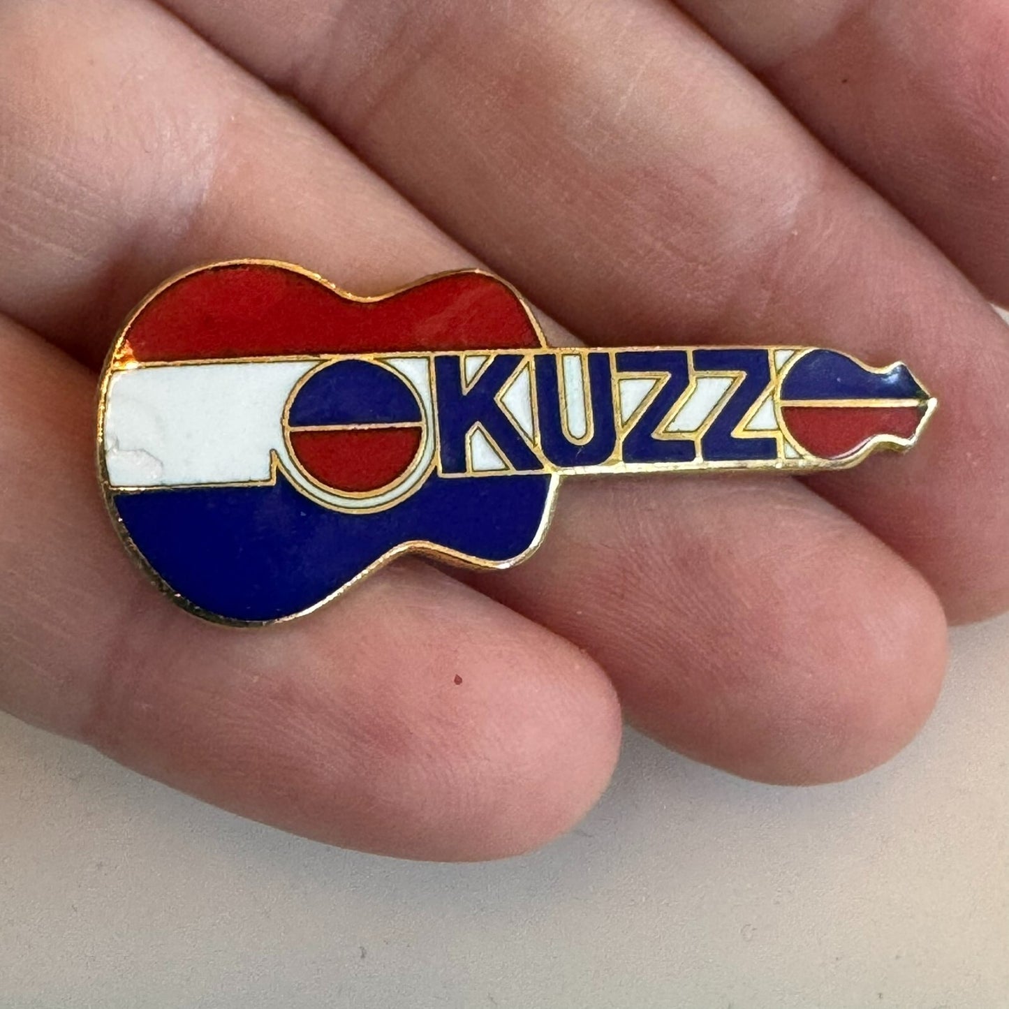 Vintage KUZZ Guitar Red White Blue Enamel Lapel Pin Buck Owens Radio