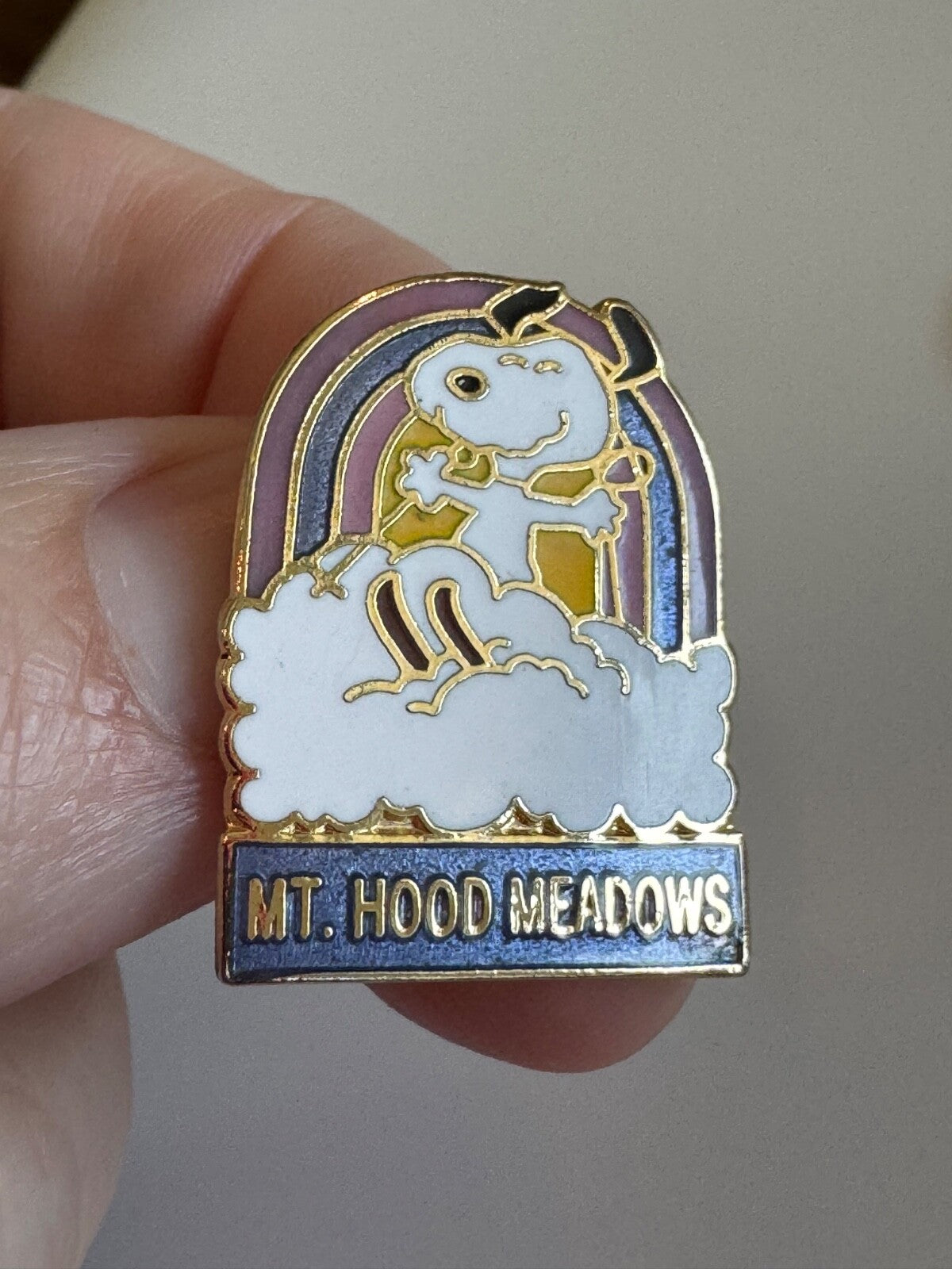 Vintage Snoopy Mt Hood Meadows in a Cloud Cloisonne Lapel Pin 1958