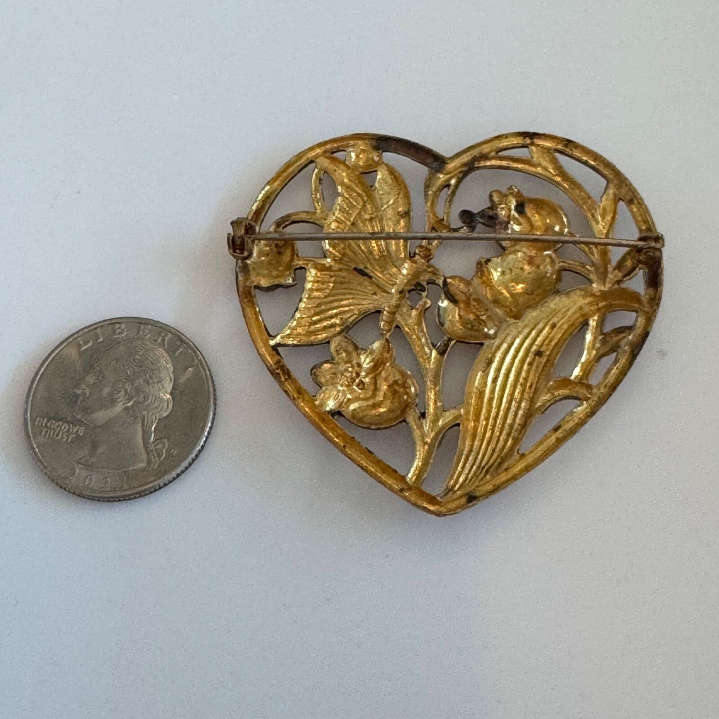 Antique Art Nouveau Heart Shaped Brooch Butterfly and Flowers Brass Patina