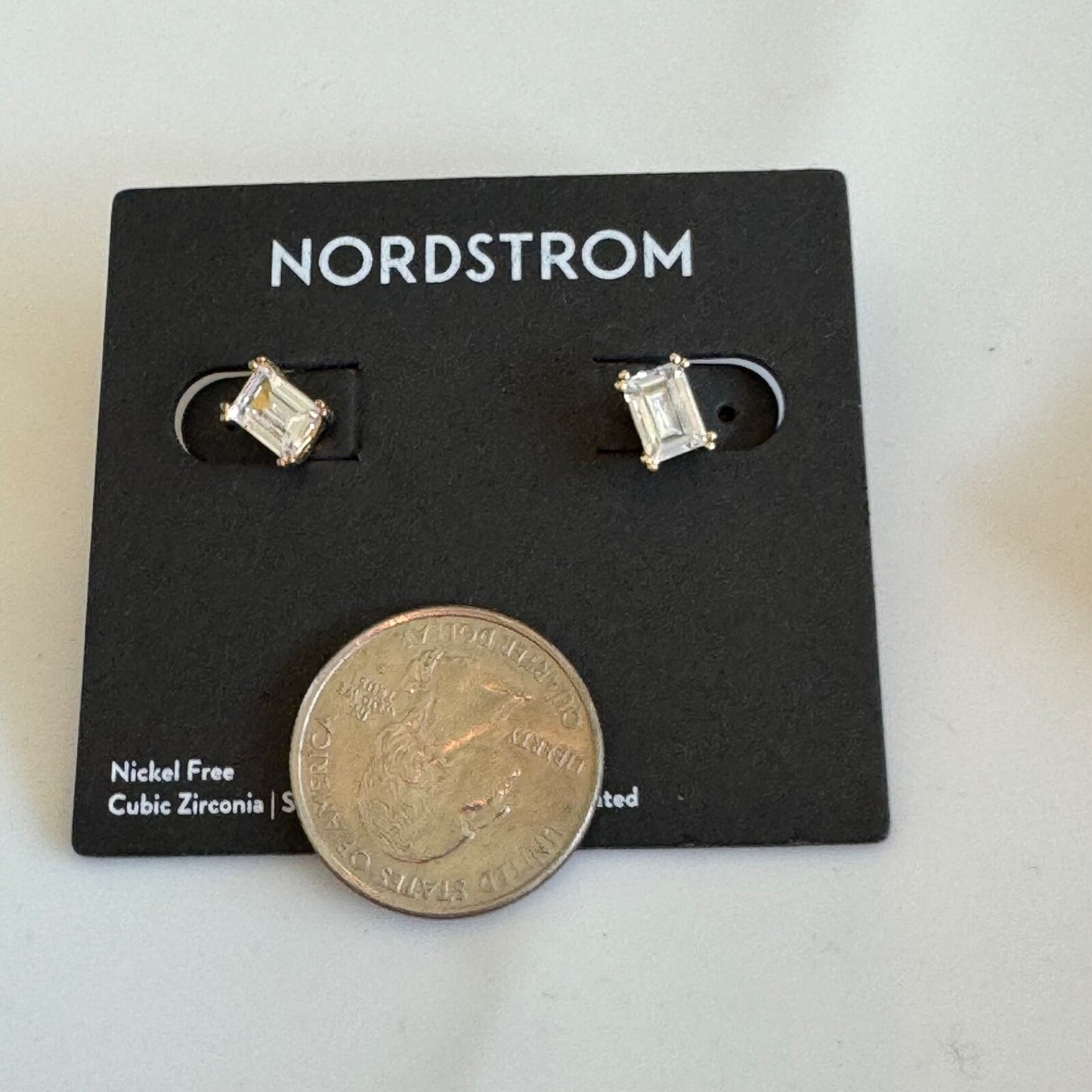 Nordstrom Gold Emerald Cut Solitaire Stud Earrings New On Card Pierced