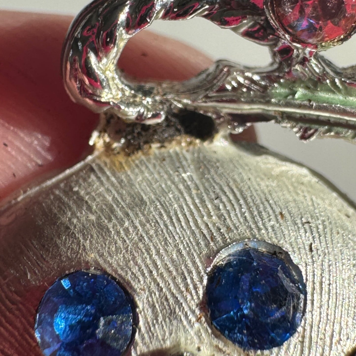 Vintage Christmas Ornament Brooch Silver Tone with Blue and Pink Rhinestones Pin