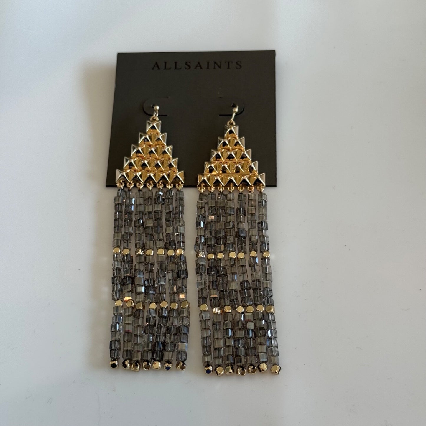AllSaints Pyramid Beaded Fringe Drop Earrings in Gold New on Card $125
