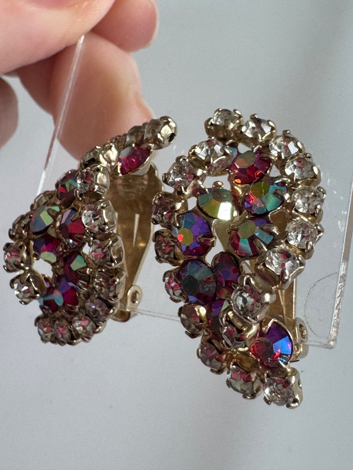 Aurora Borealis Rhinestone Clip-On Earrings Twist – Red Pink AB & Clear Marquise