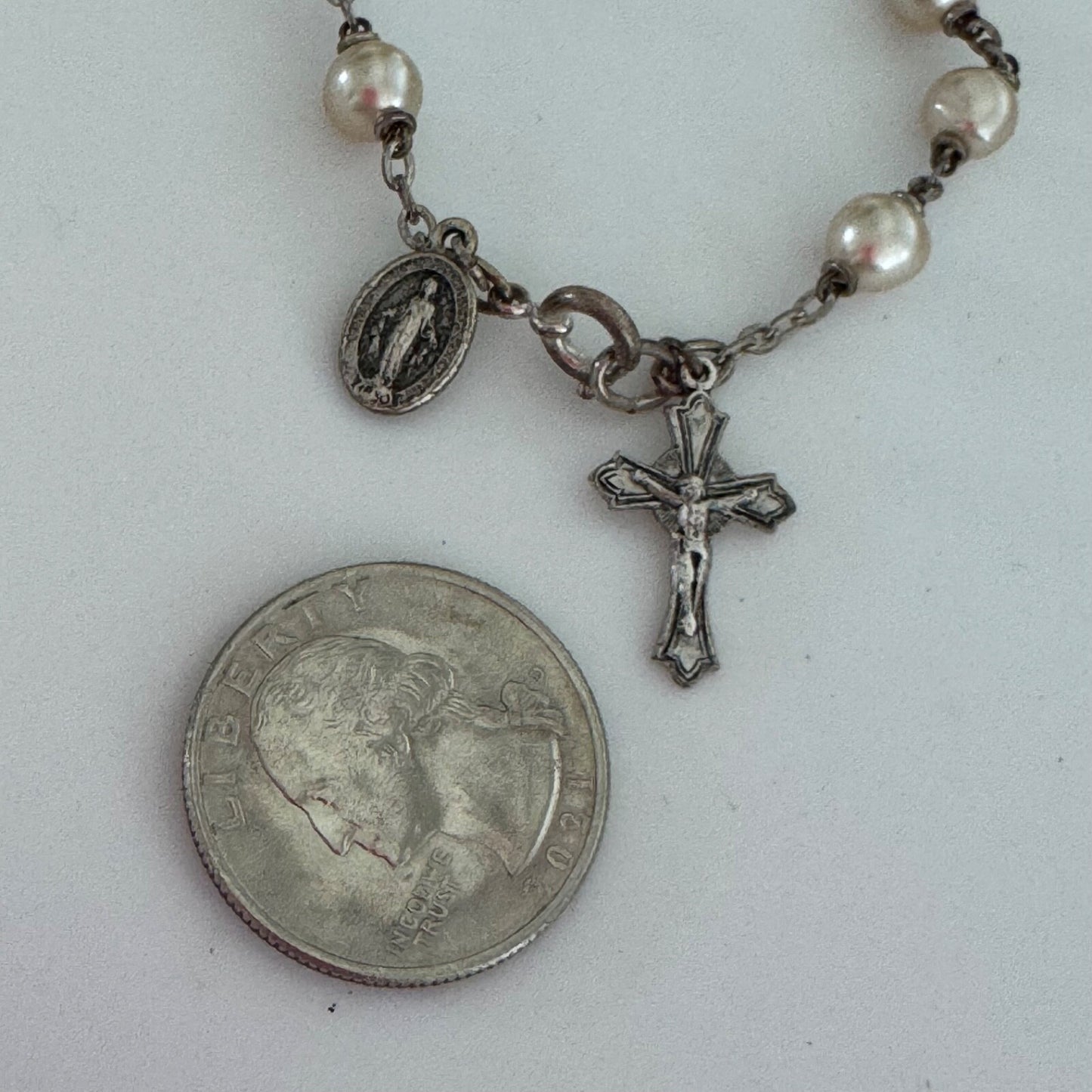 Vintage Silver Tone Rosary Bracelet Faux Pearl Italy